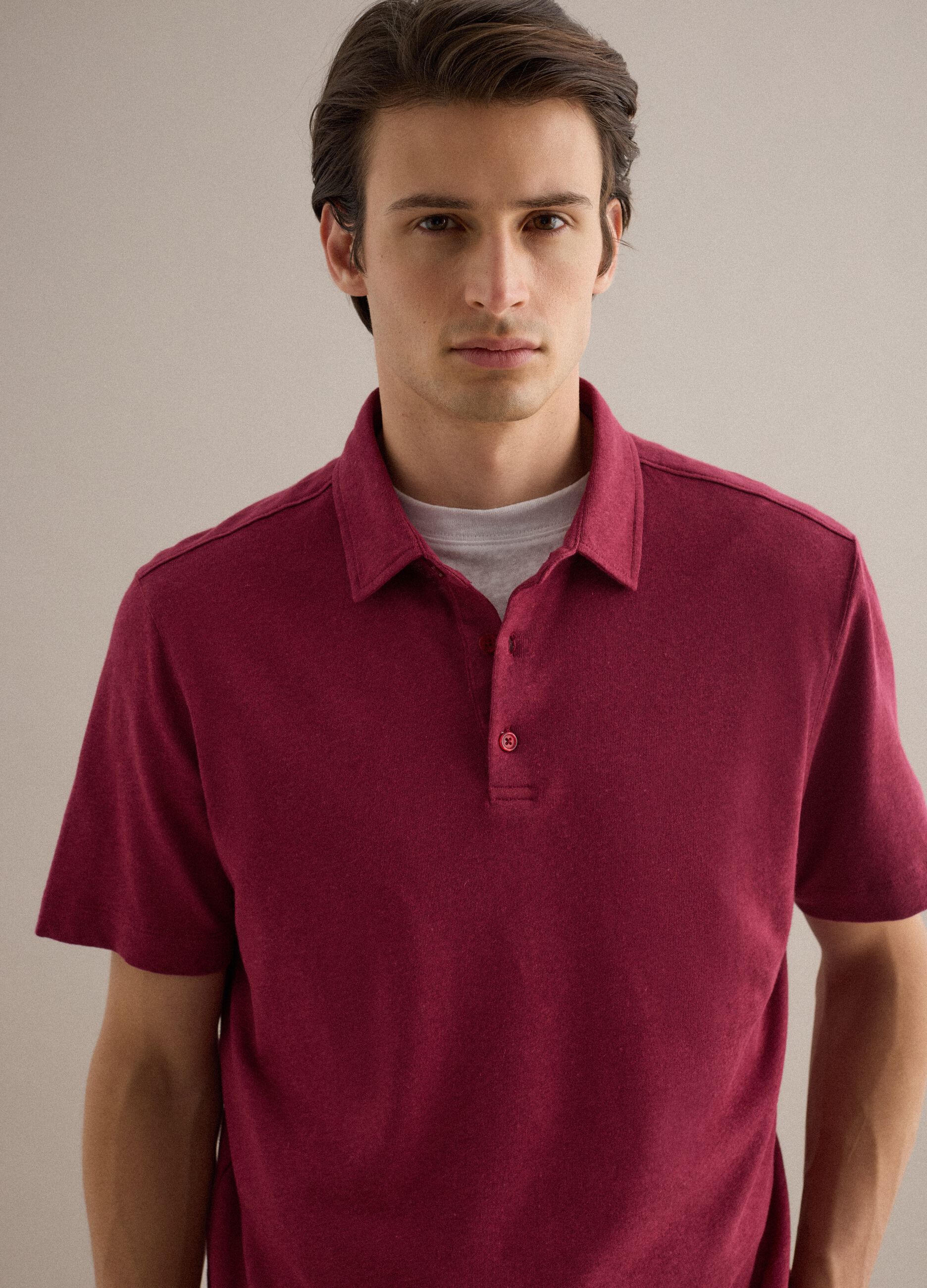 Red regular fit linen-cotton blend polo shirt