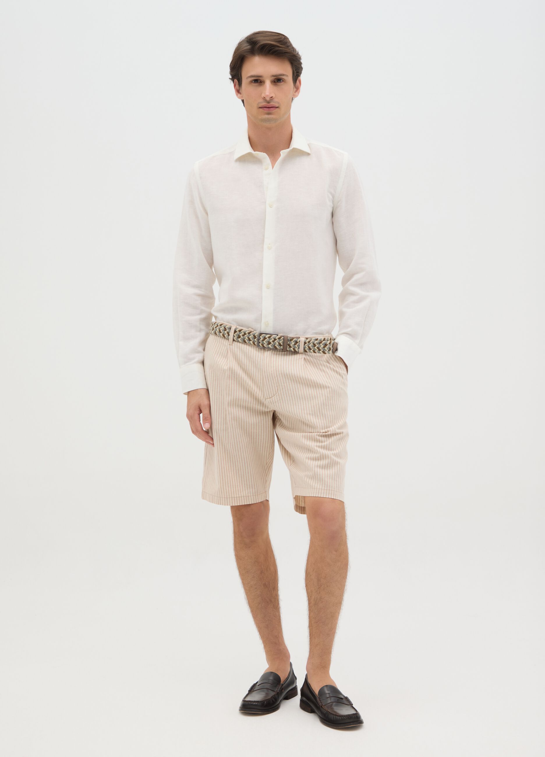 Men's beige regular fit cotton blend shorts with drawstring