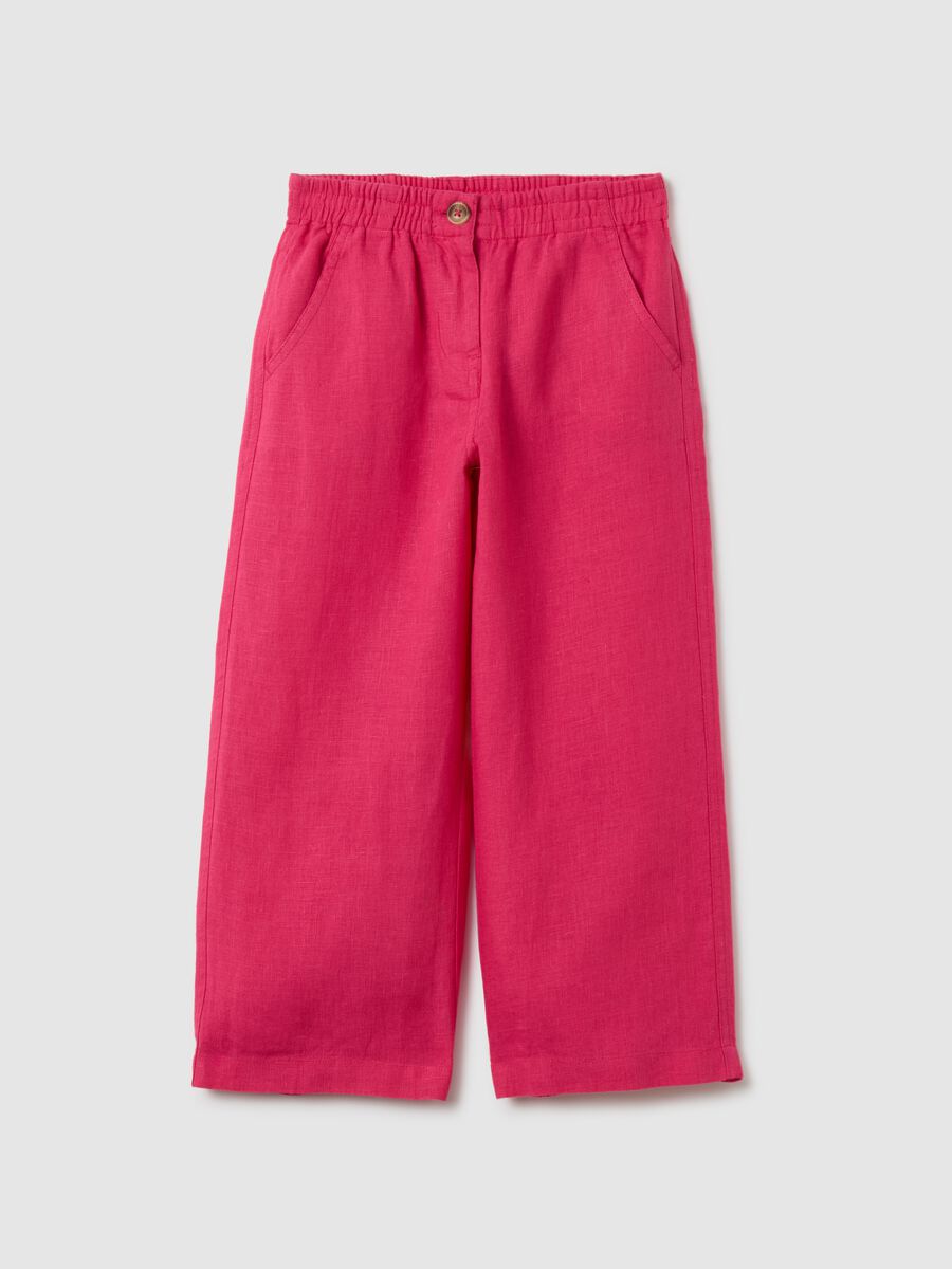 Girls' pure linen wide leg pink trousers_0