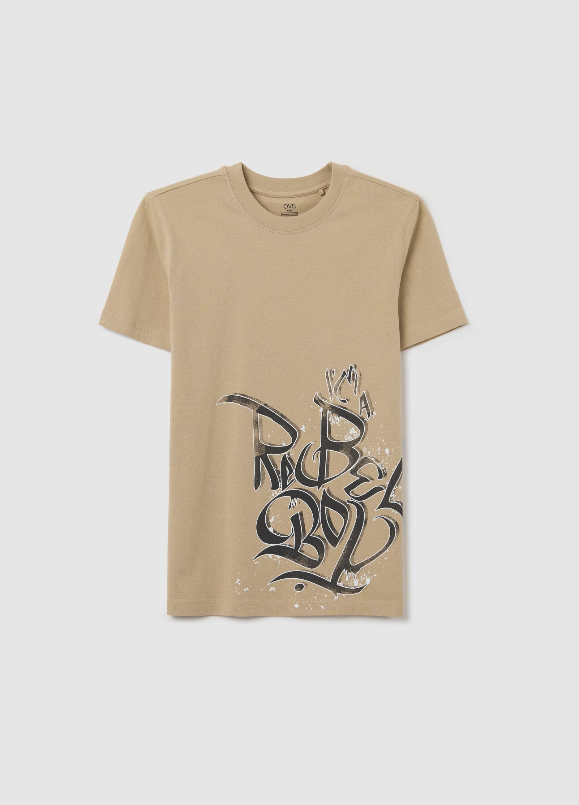 Beige cotton T-shirt with lettering print