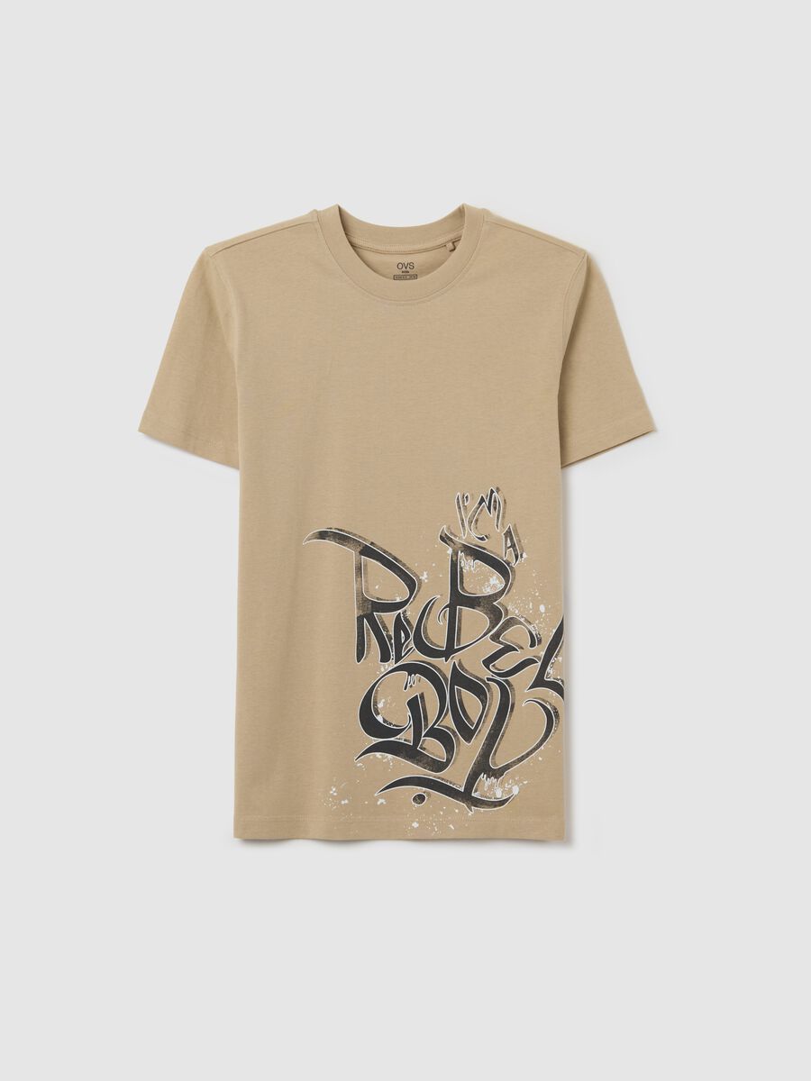 Beige cotton T-shirt with lettering print_1
