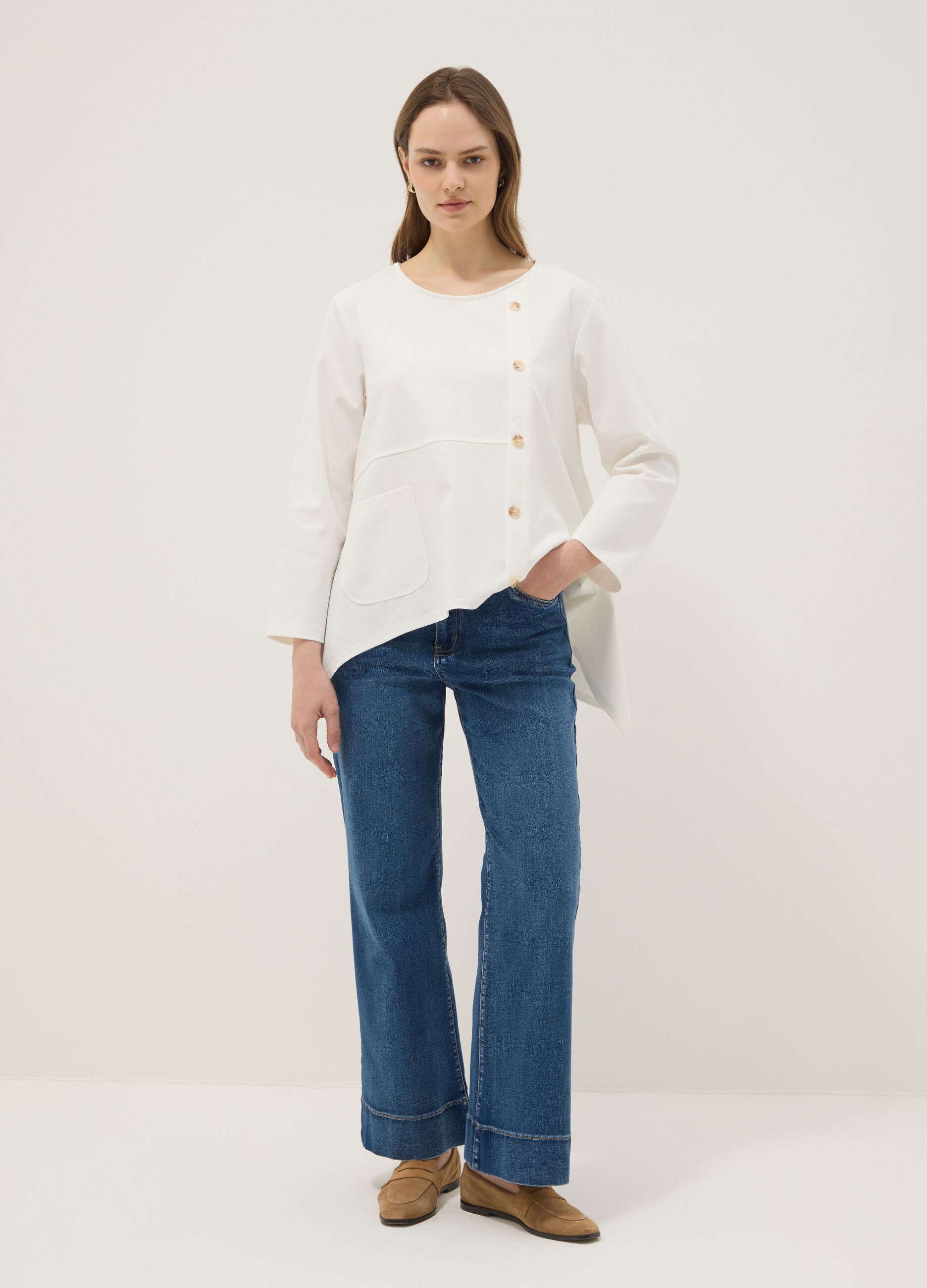 White stretch cotton button-up blouse, regular fit