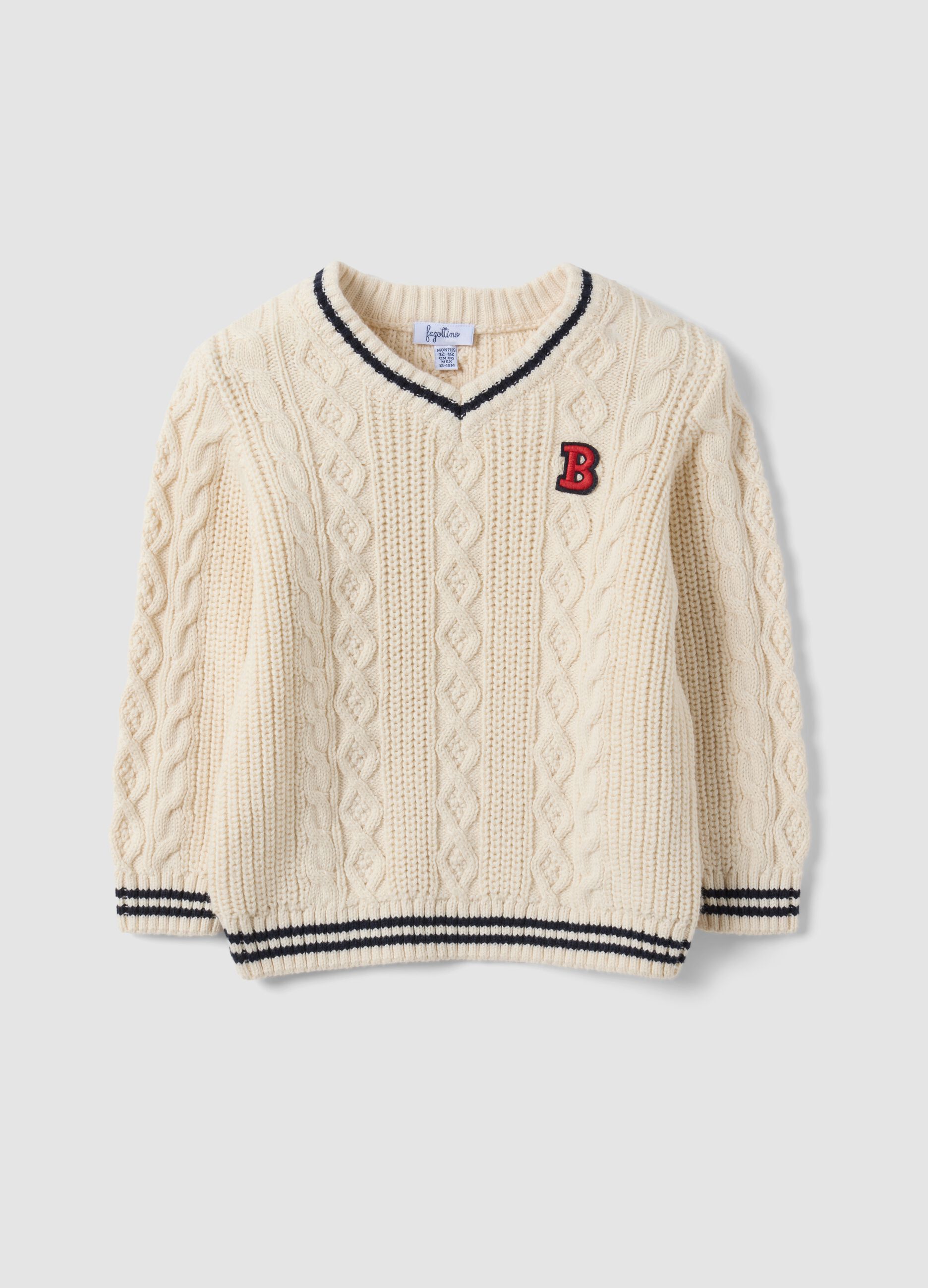 White pure cotton cable-knit V-neck jumper for boys