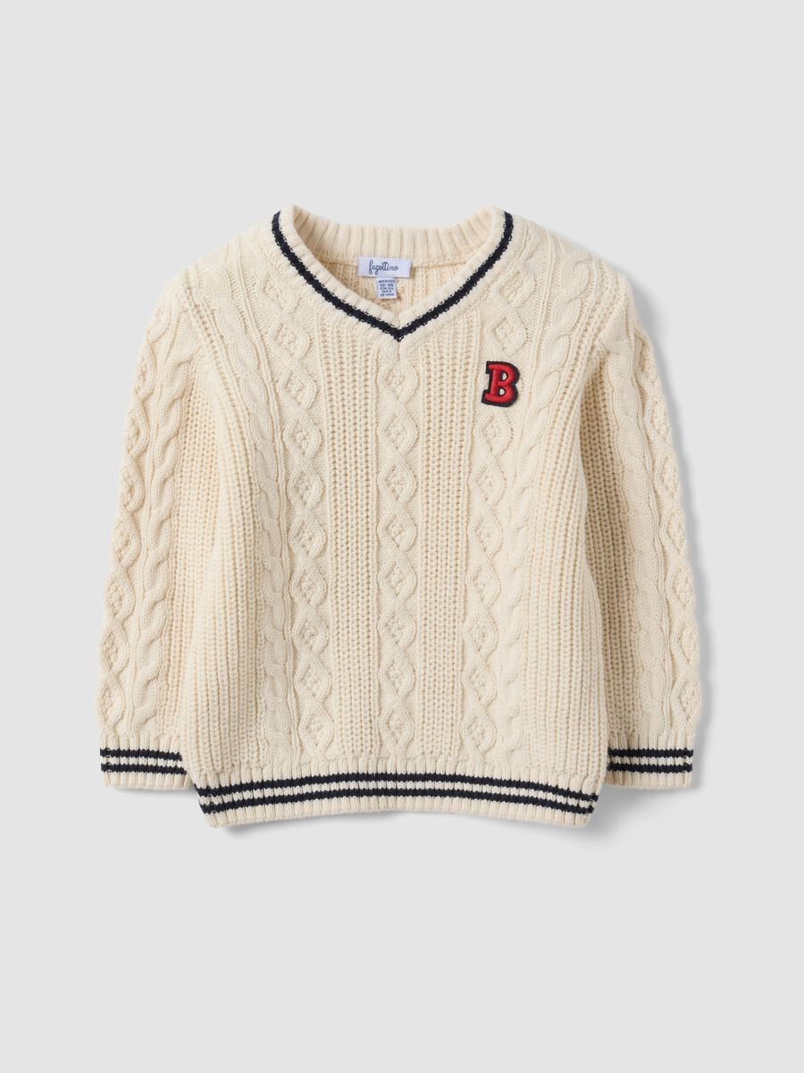 White pure cotton cable-knit V-neck jumper for boys_0