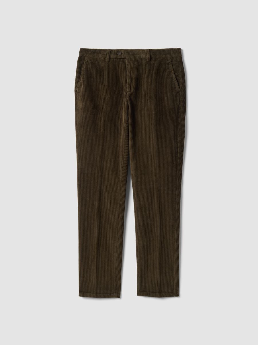 Pantaloni marroni in cotone elasticizzato a coste_0