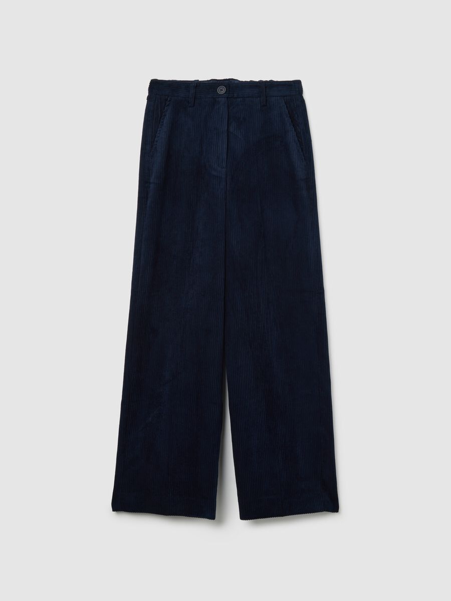 Blue ribbed regular fit stretch fabric trousers_4