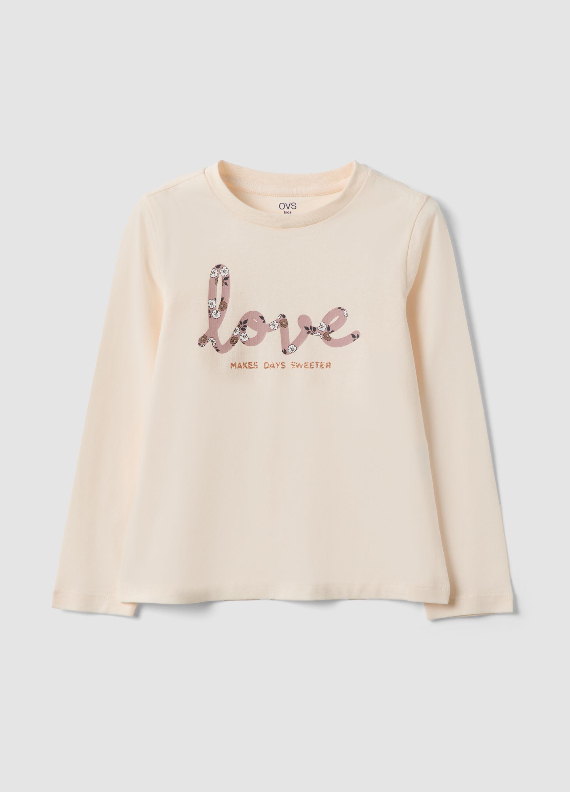 Beige long-sleeved organic cotton T-shirt with front print