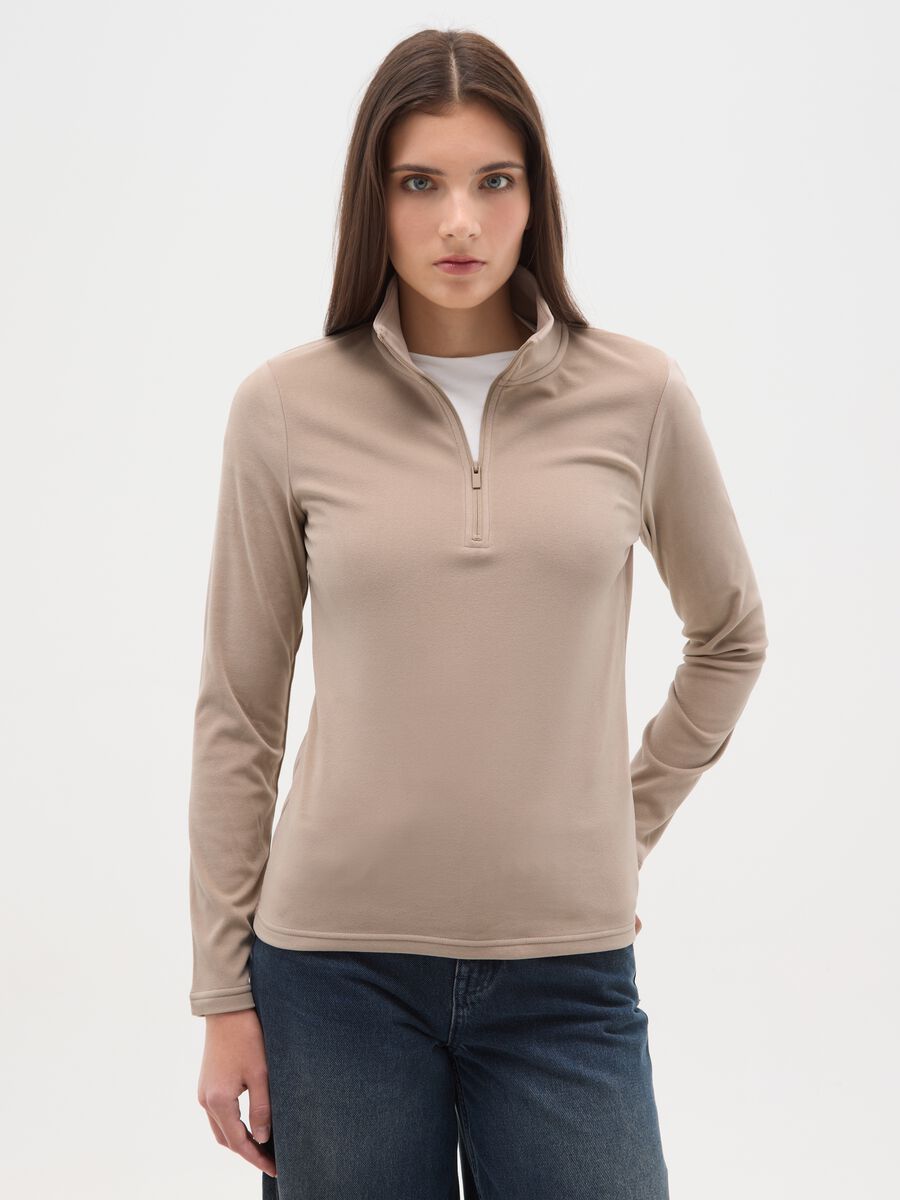 Pile a collo alto beige con mezza zip regular fit_0