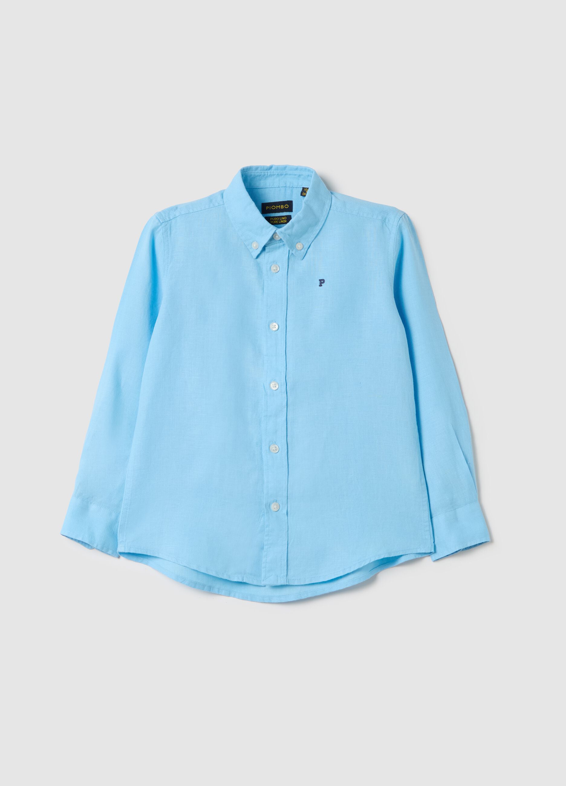 Light blue linen shirt with logo embroidery