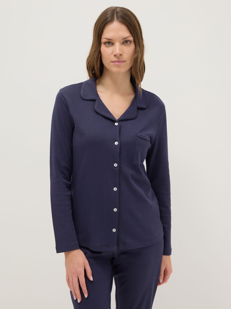 Blue pure cotton regular fit pyjamas with chest pocket and V-neck_1