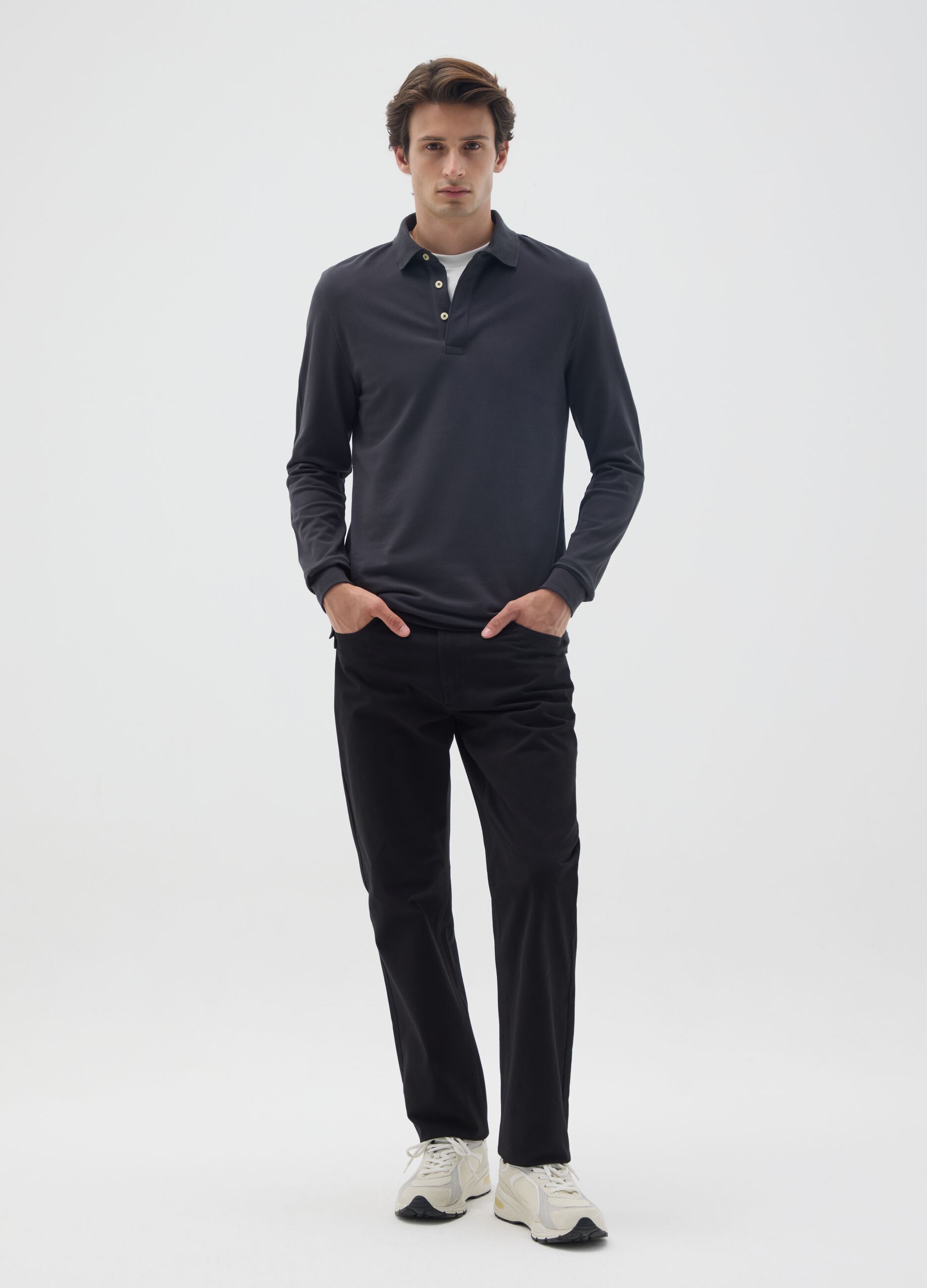 Black regular fit stretch cotton polo