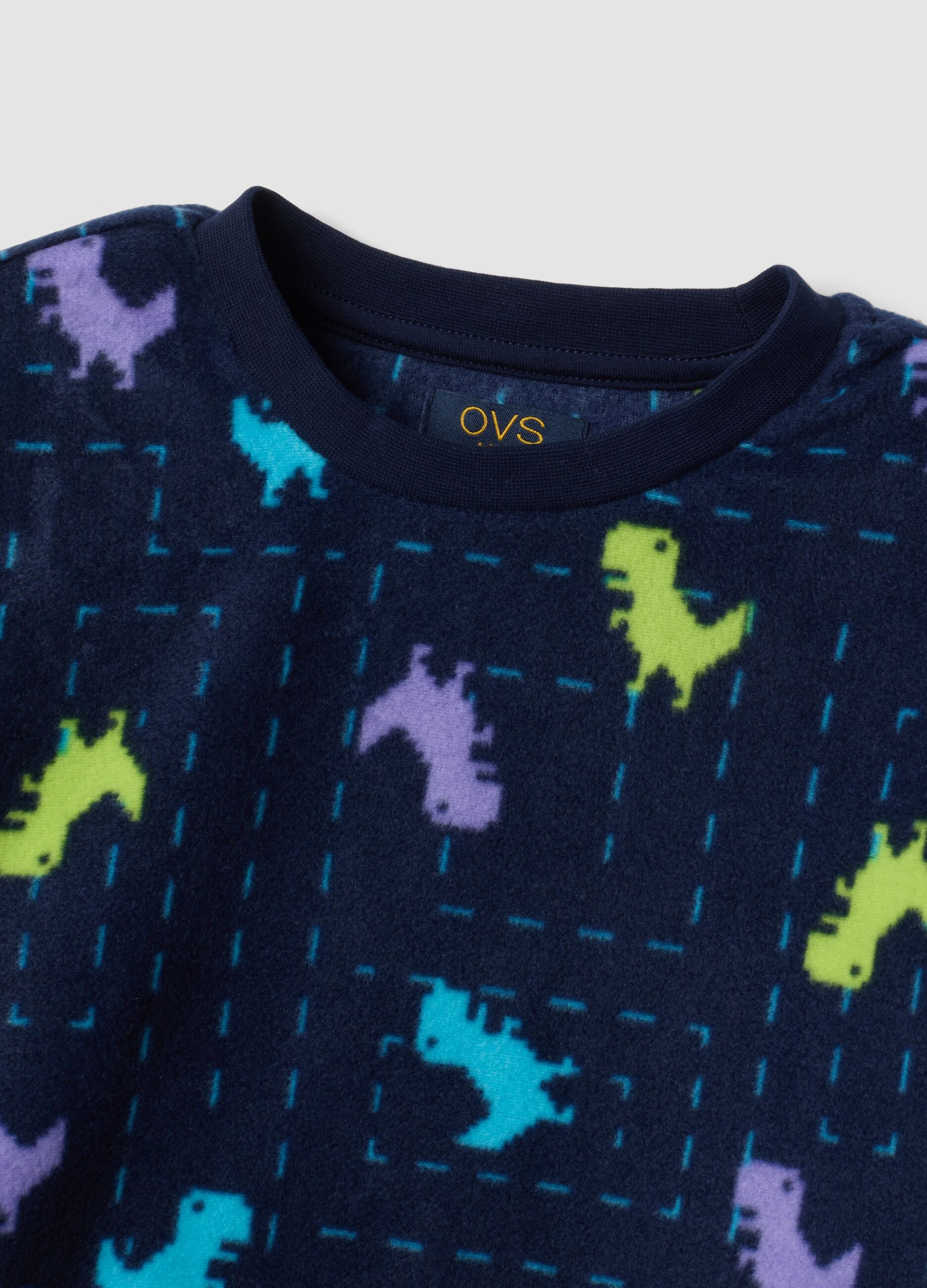 Blue regular-fit fleece pyjamas with crew neck and dinosaur print