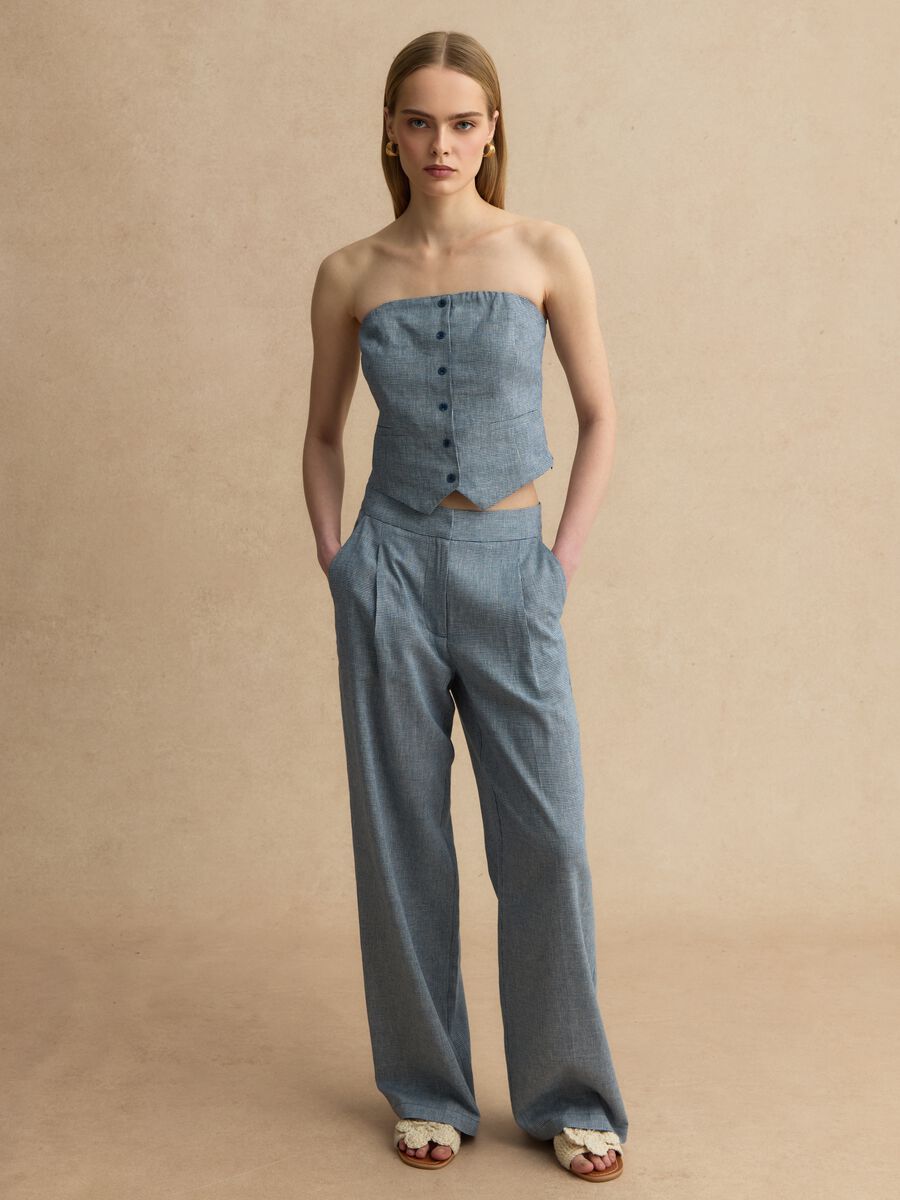 Linen-blend wide-leg trousers with blue and white micro-checks_0