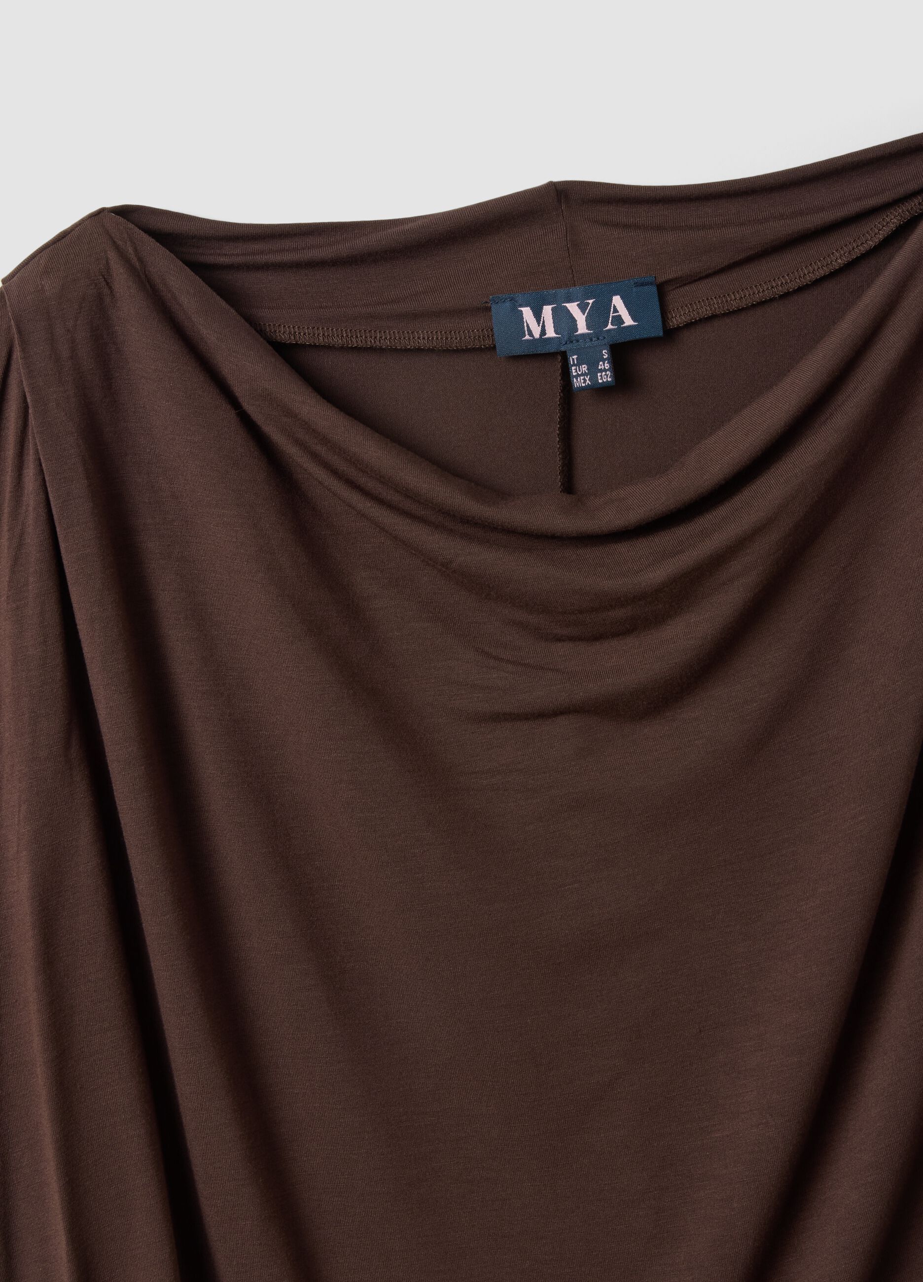 Brown stretch viscose T-shirt with draped neckline