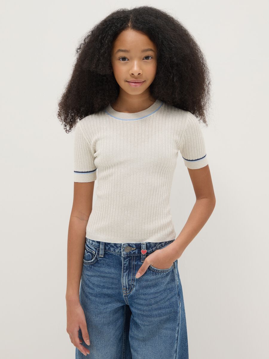 Girls' beige striped slim fit T-shirt_0