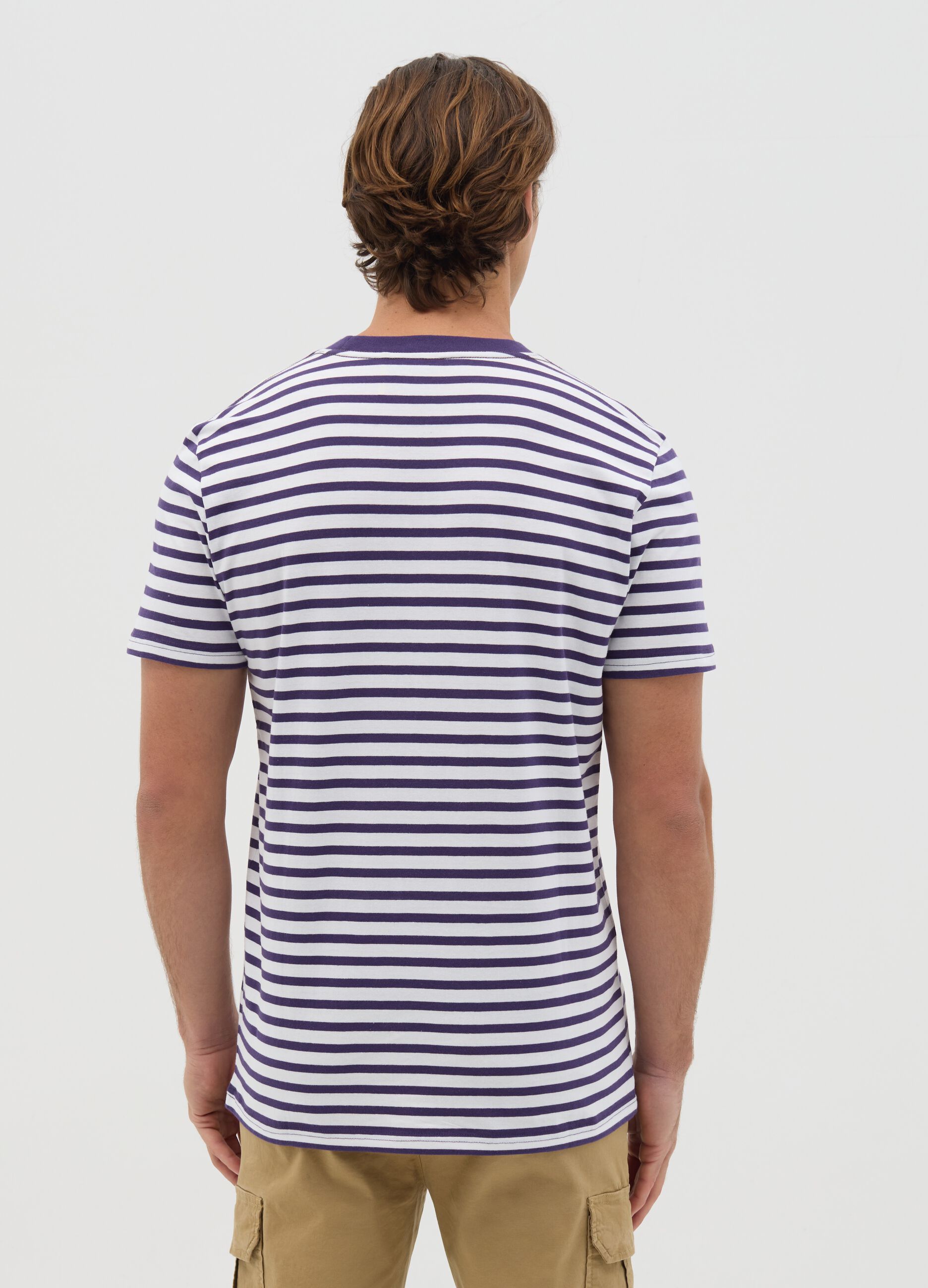 Blue and white striped T-shirt with logo