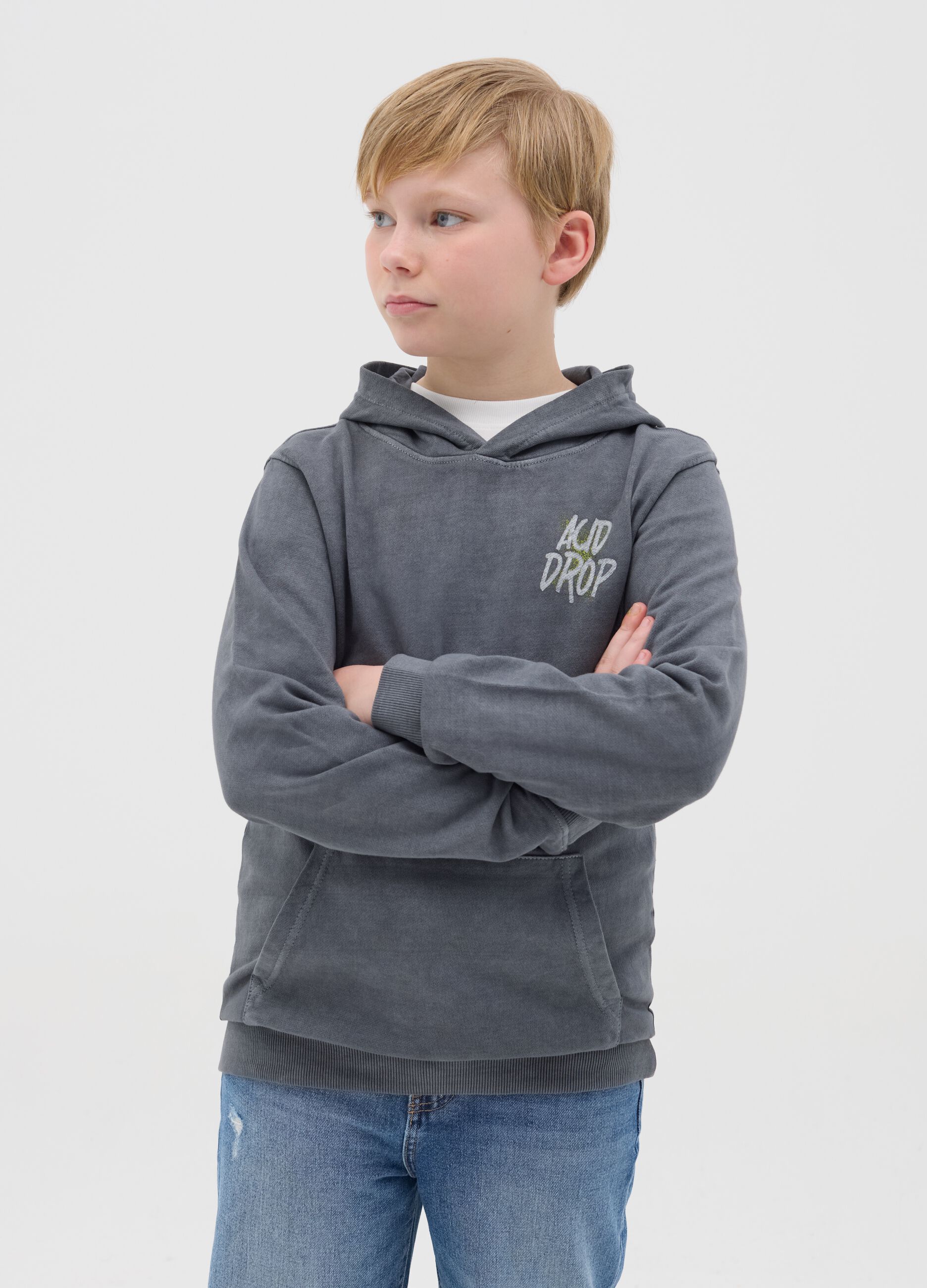 French terry sweatshirt with "ACID DROP" and hood