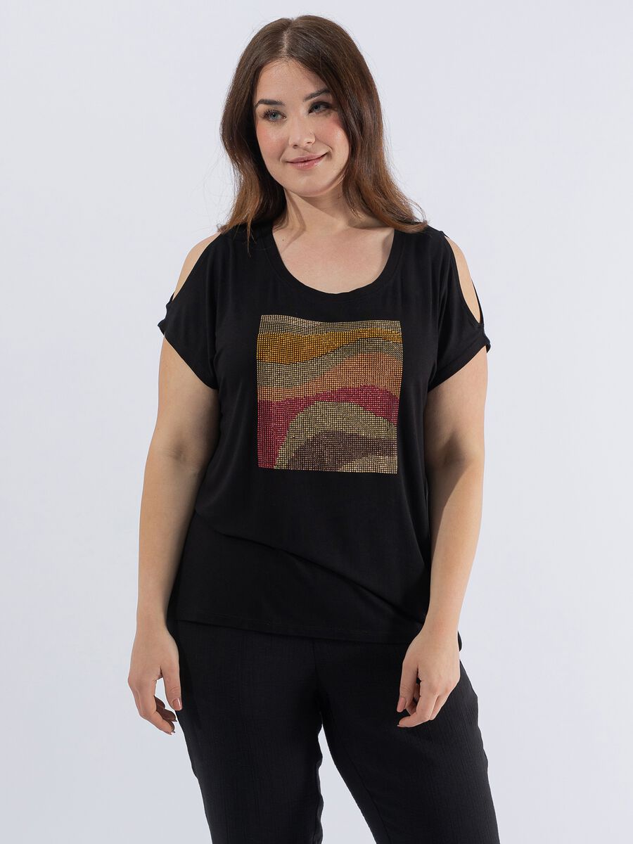 Curvy T-shirt with multicoloured diamantés_0