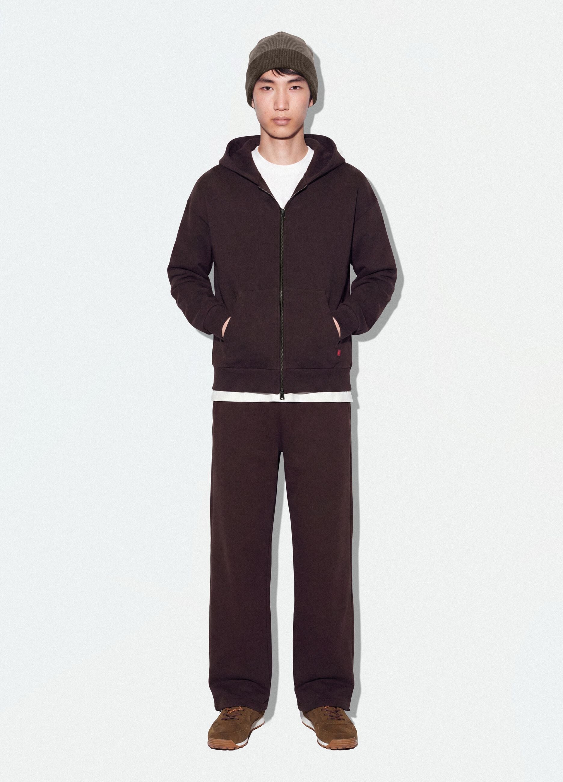 Brown cropped pure-cotton hoodie with oversized fit