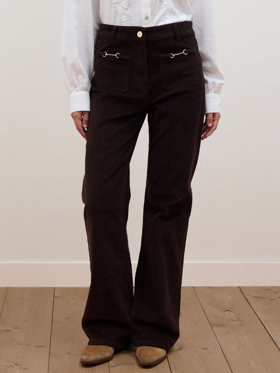 Brown flared ribbed stretch-cotton trousers_1