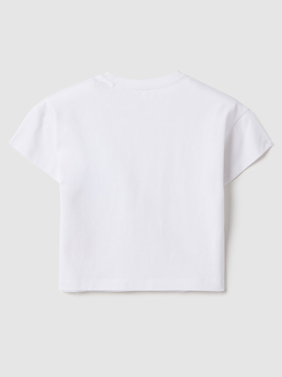Girls' white stretch cotton T-shirt with regular fit and rhinestones_1