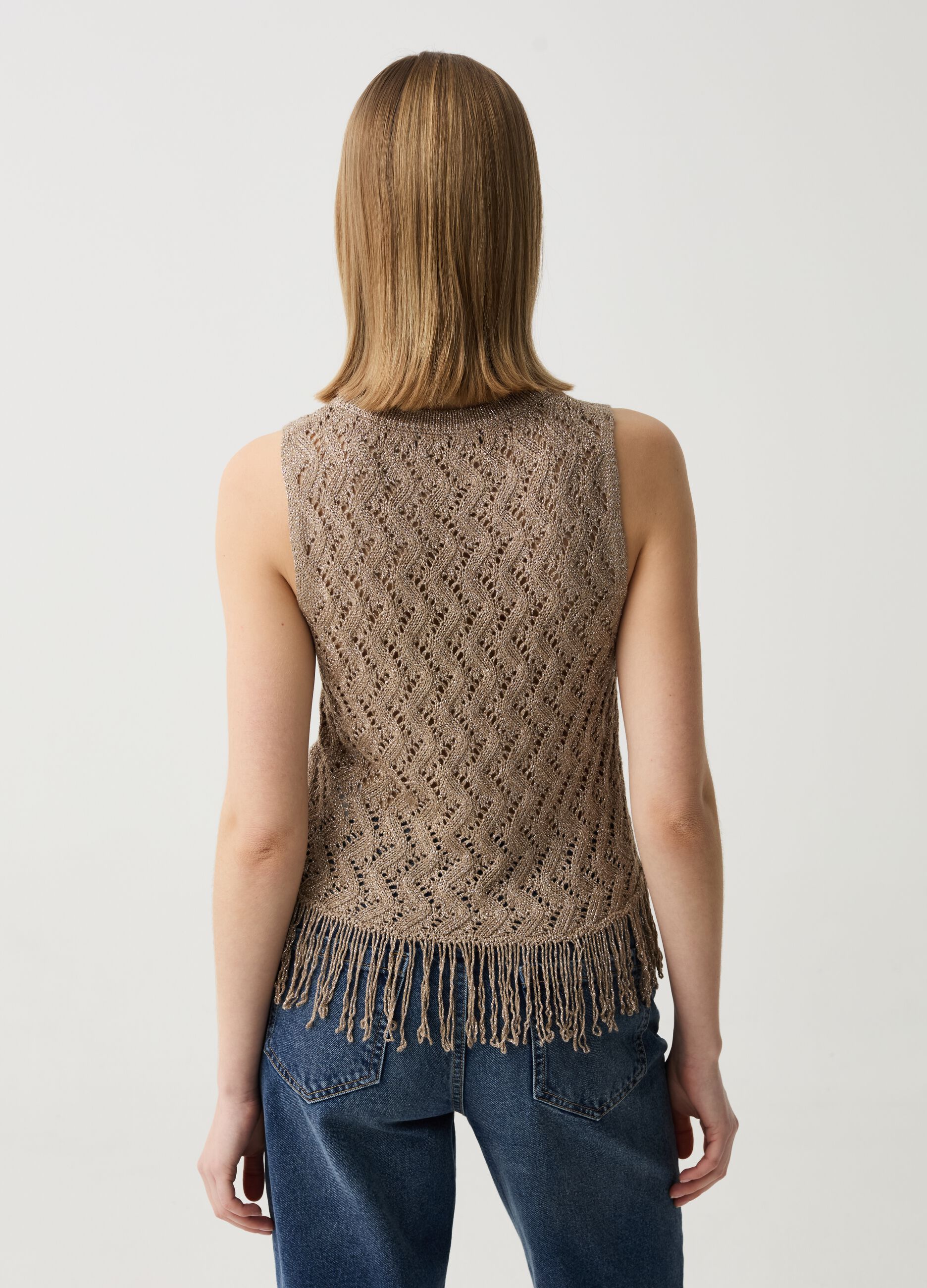Knit tank top in lurex with fringing