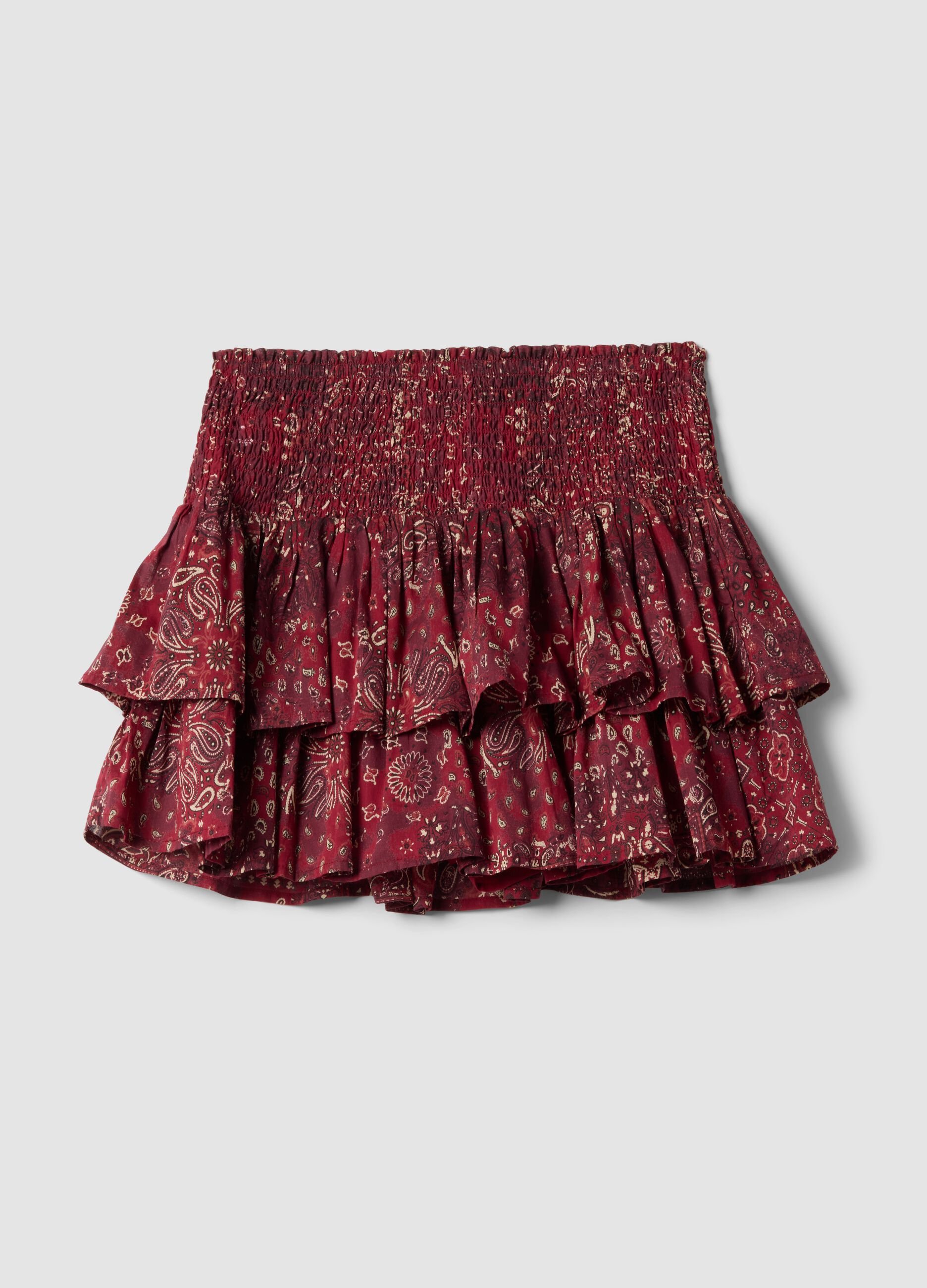 Red pure cotton mini skirt with ruffles and pattern