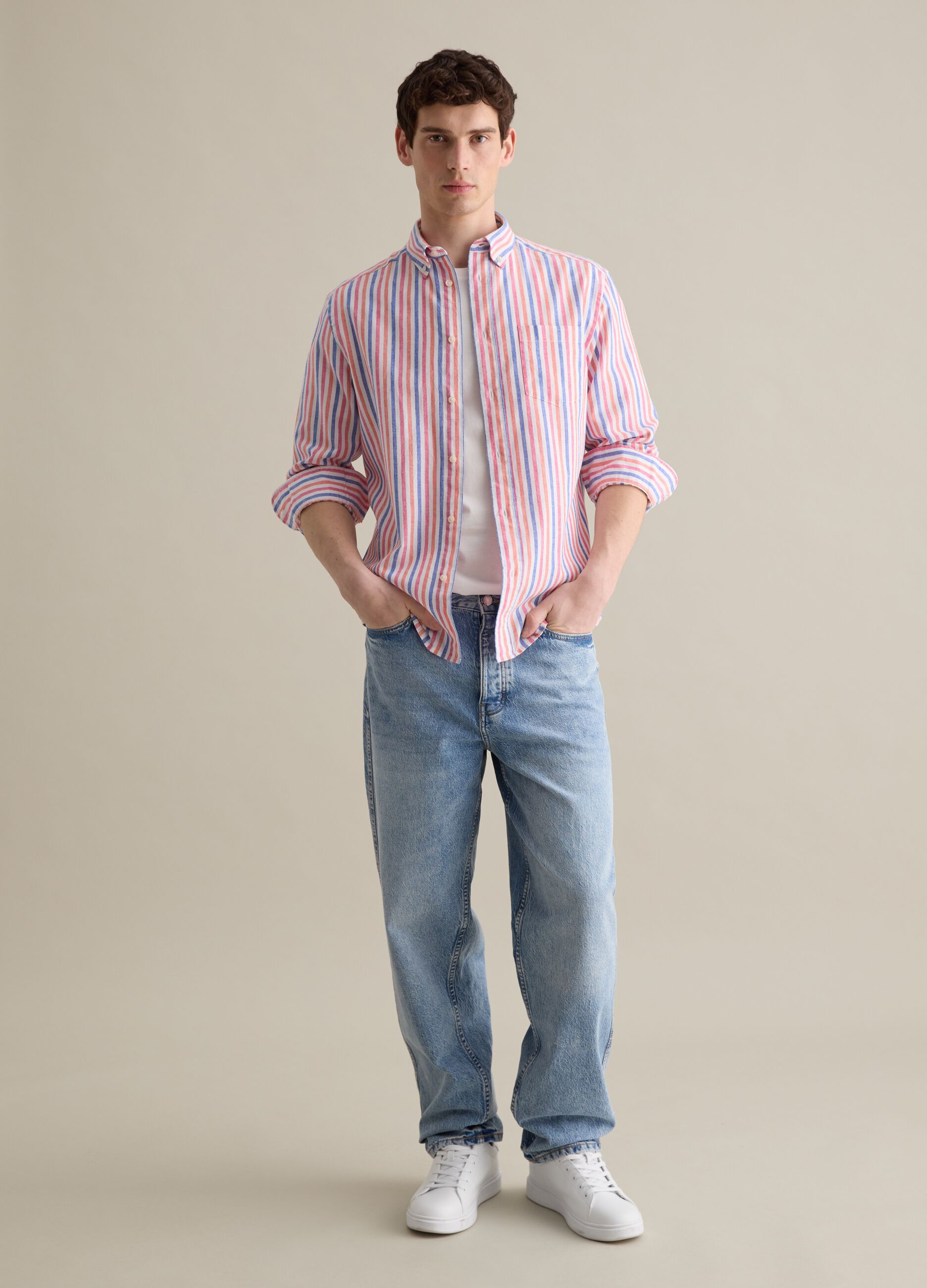 Multicoloured striped shirt in linen and cotton