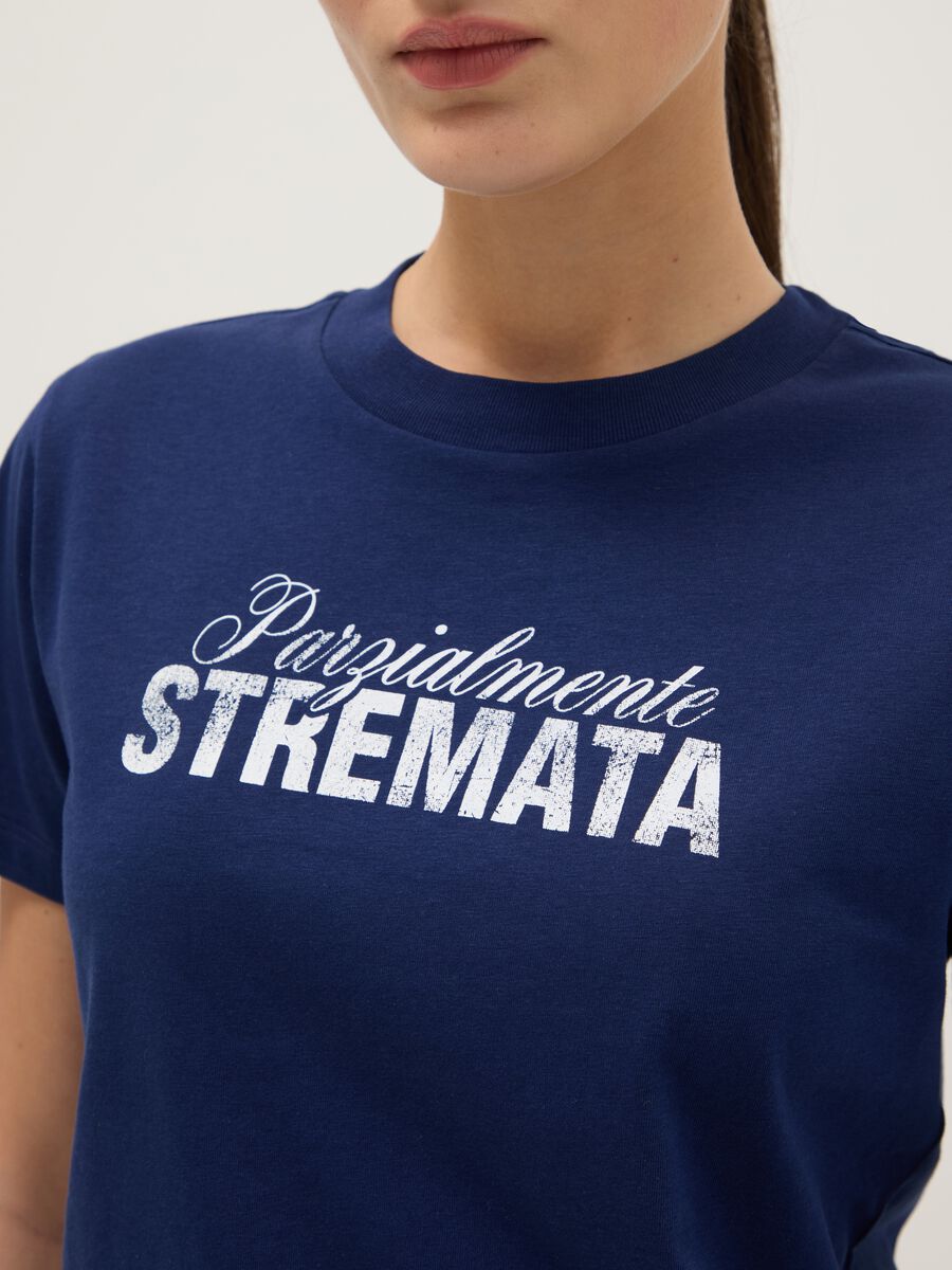 Blue pure cotton regular fit T-shirt with text_3