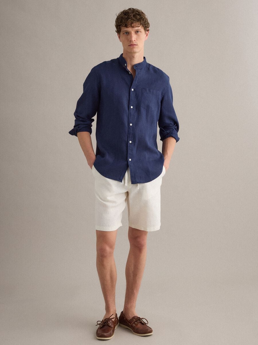 White pure linen Bermuda shorts with elasticated waistband_0