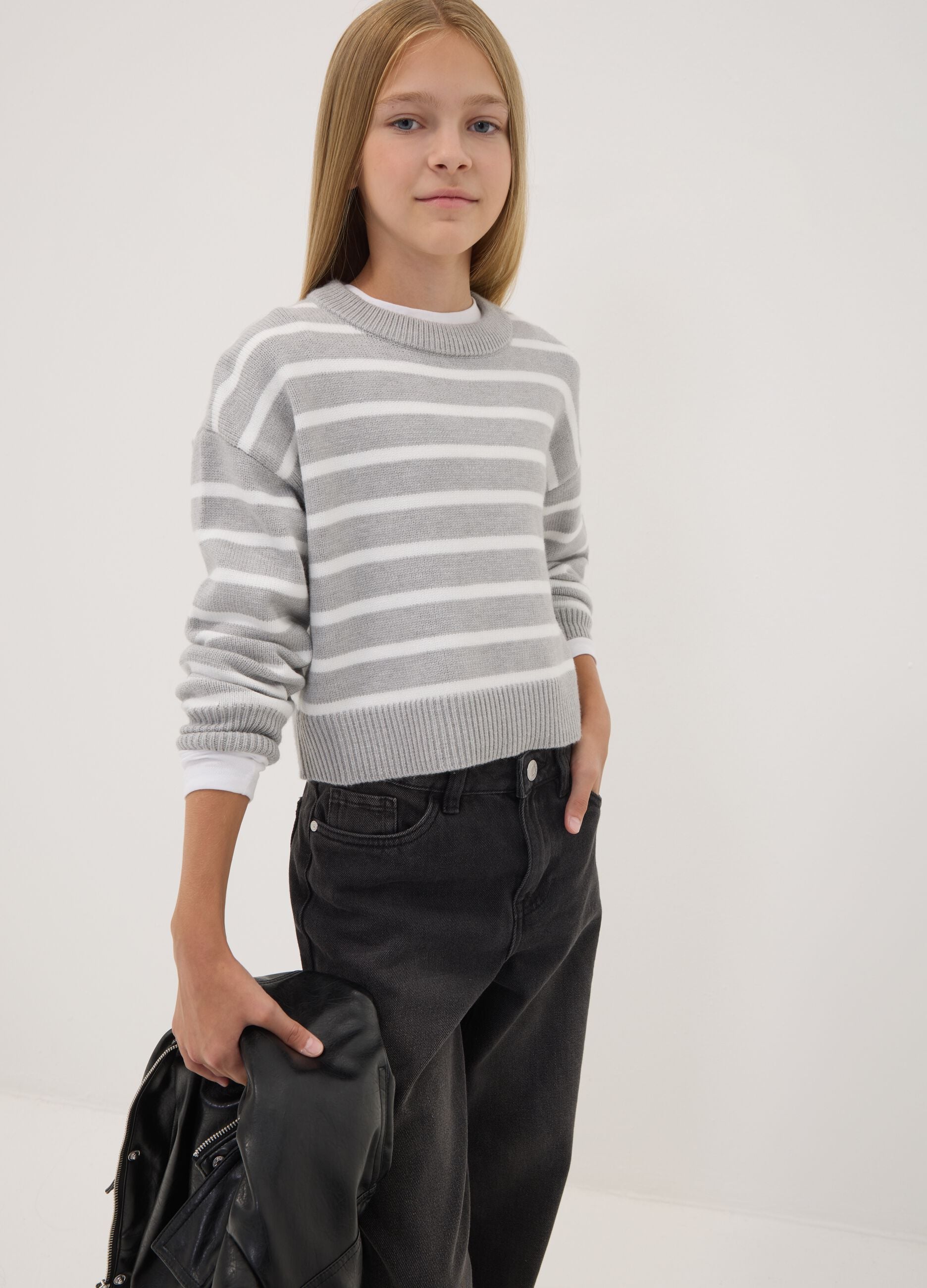 Grey striped viscose-blend crew-neck jumper