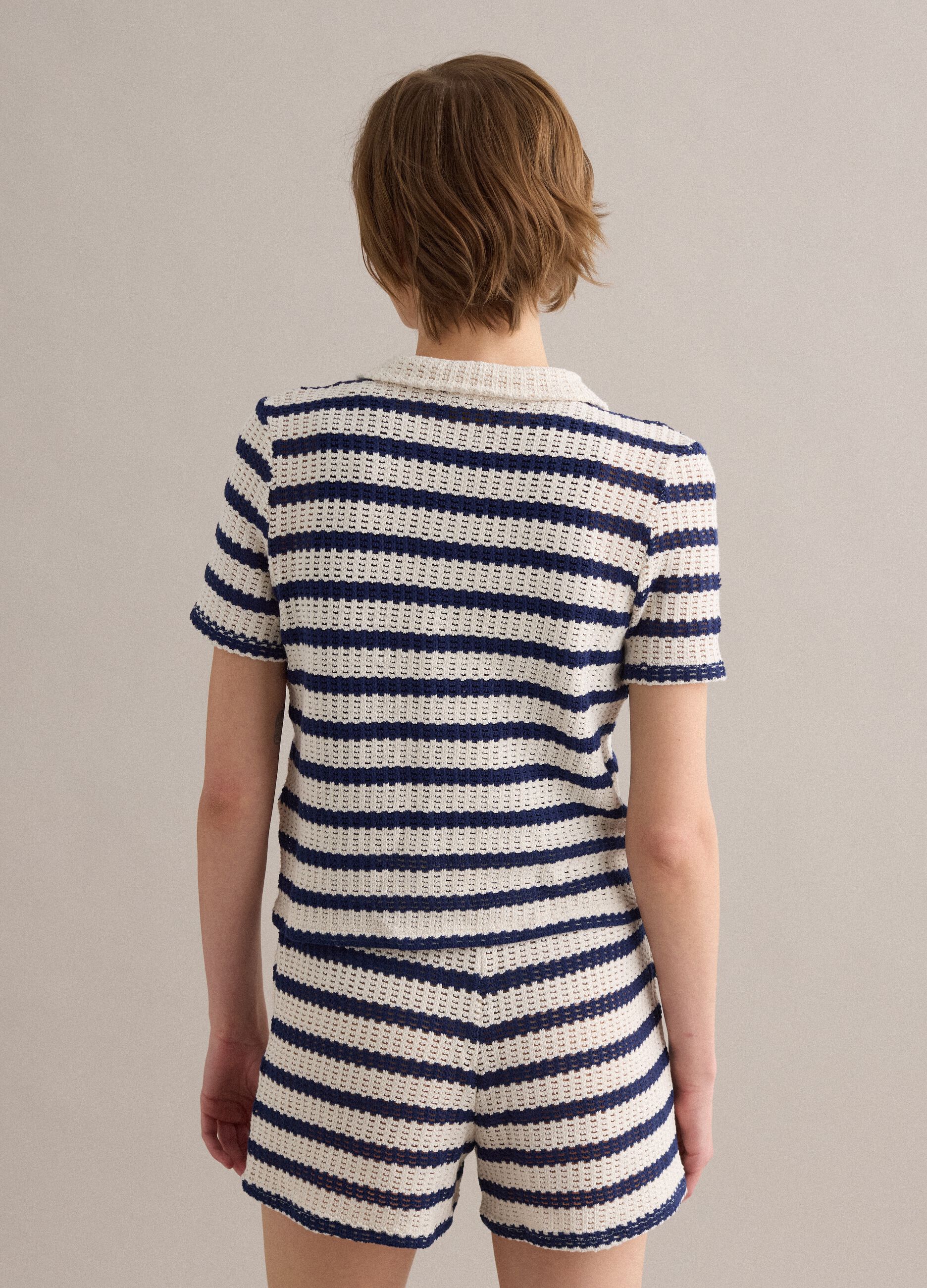 Blue and white striped stretch cotton crochet polo shirt