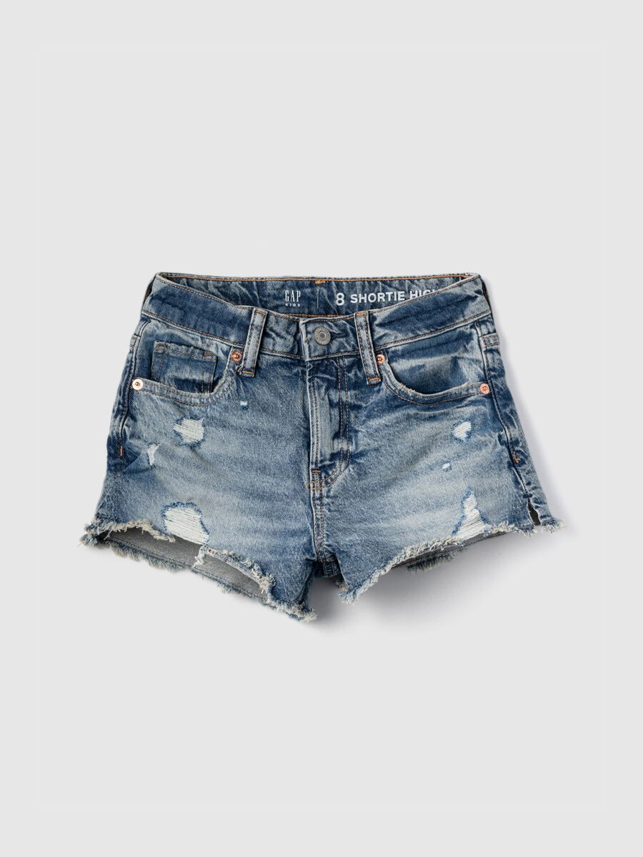 High-rise shorts with abrasions in denim_0