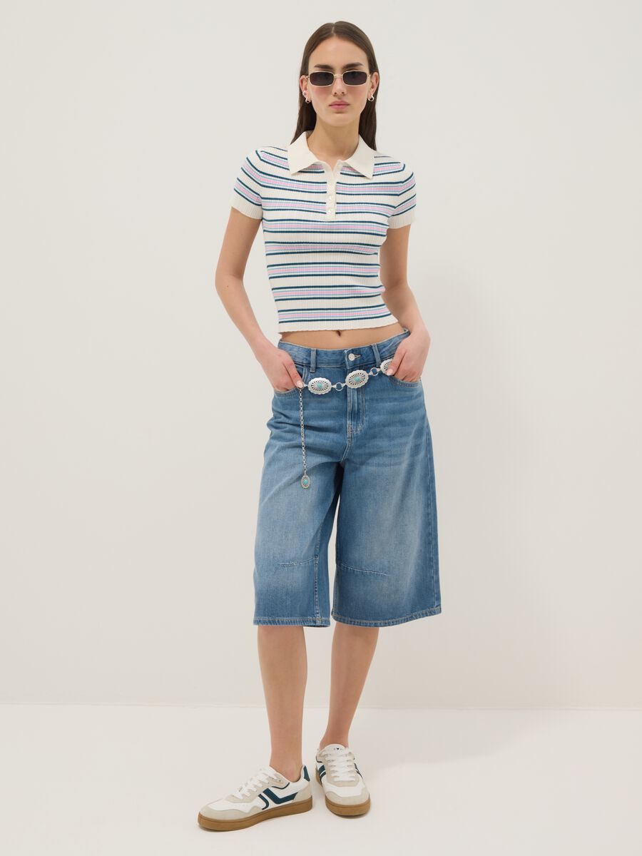 Maglione fitted in misto viscosa a righe multicolor con collo polo_2