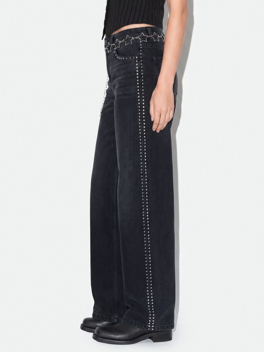 Black pure cotton wide-leg jeans with studs_2