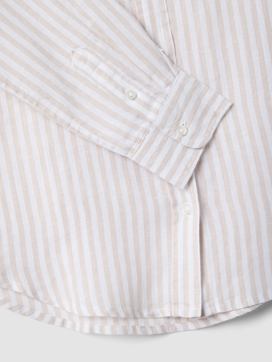 Camicia in puro lino a  righe bianche e beige regular fit_5