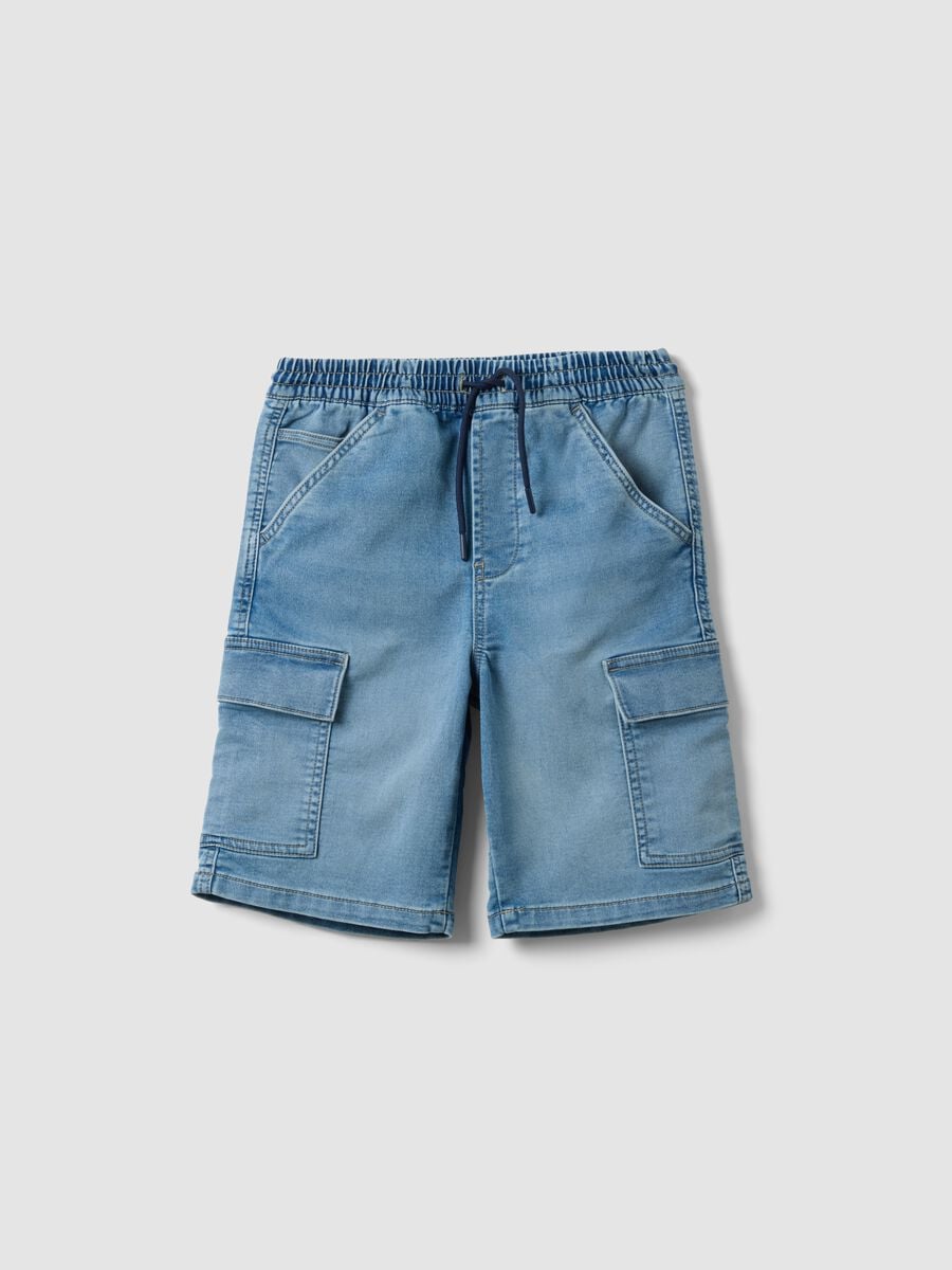 Shorts cargo azzurri in denim di cotone elasticizzato_3