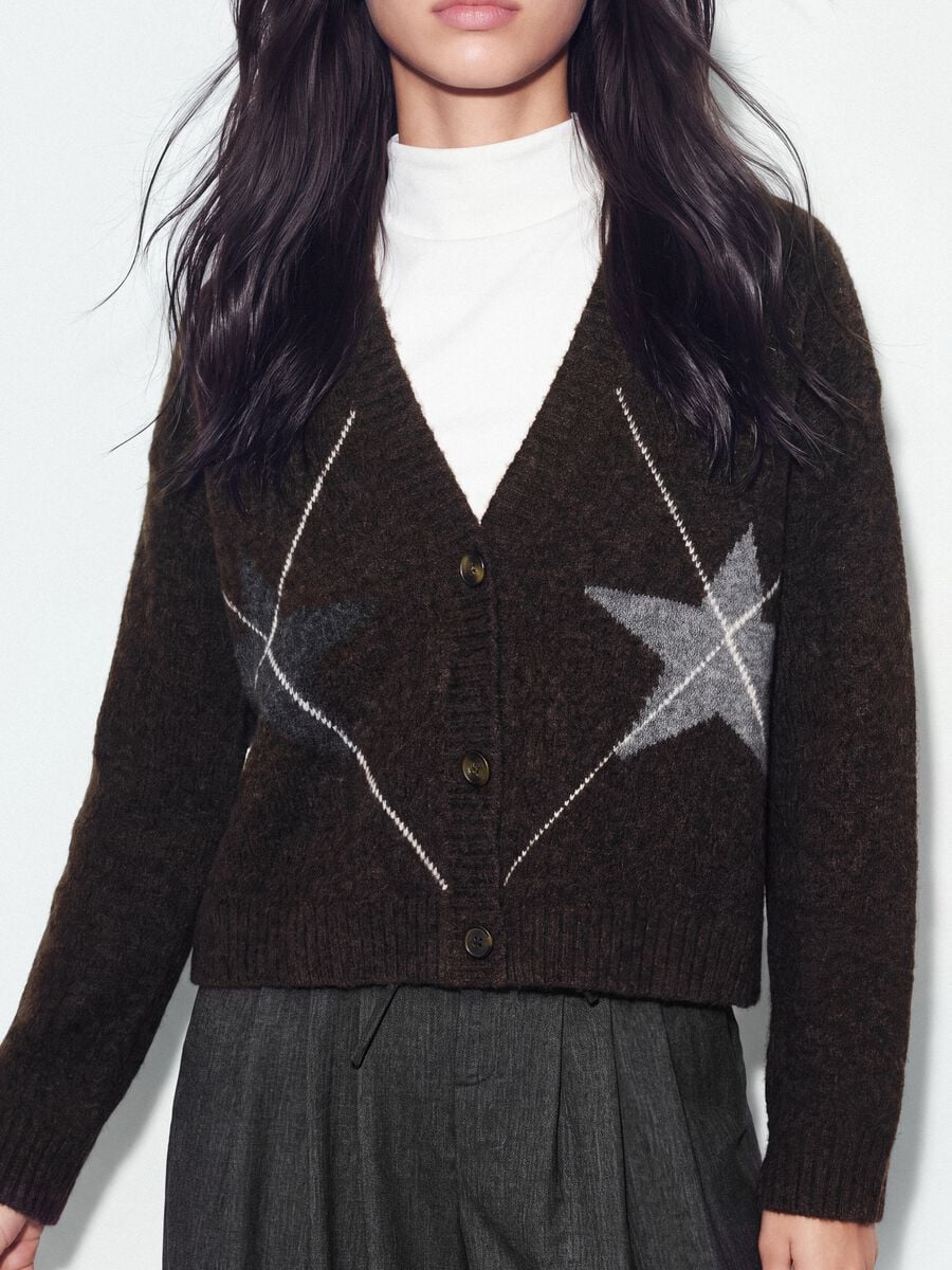 Brown stretch wool cardigan with deep V-neck, oversized fit_2