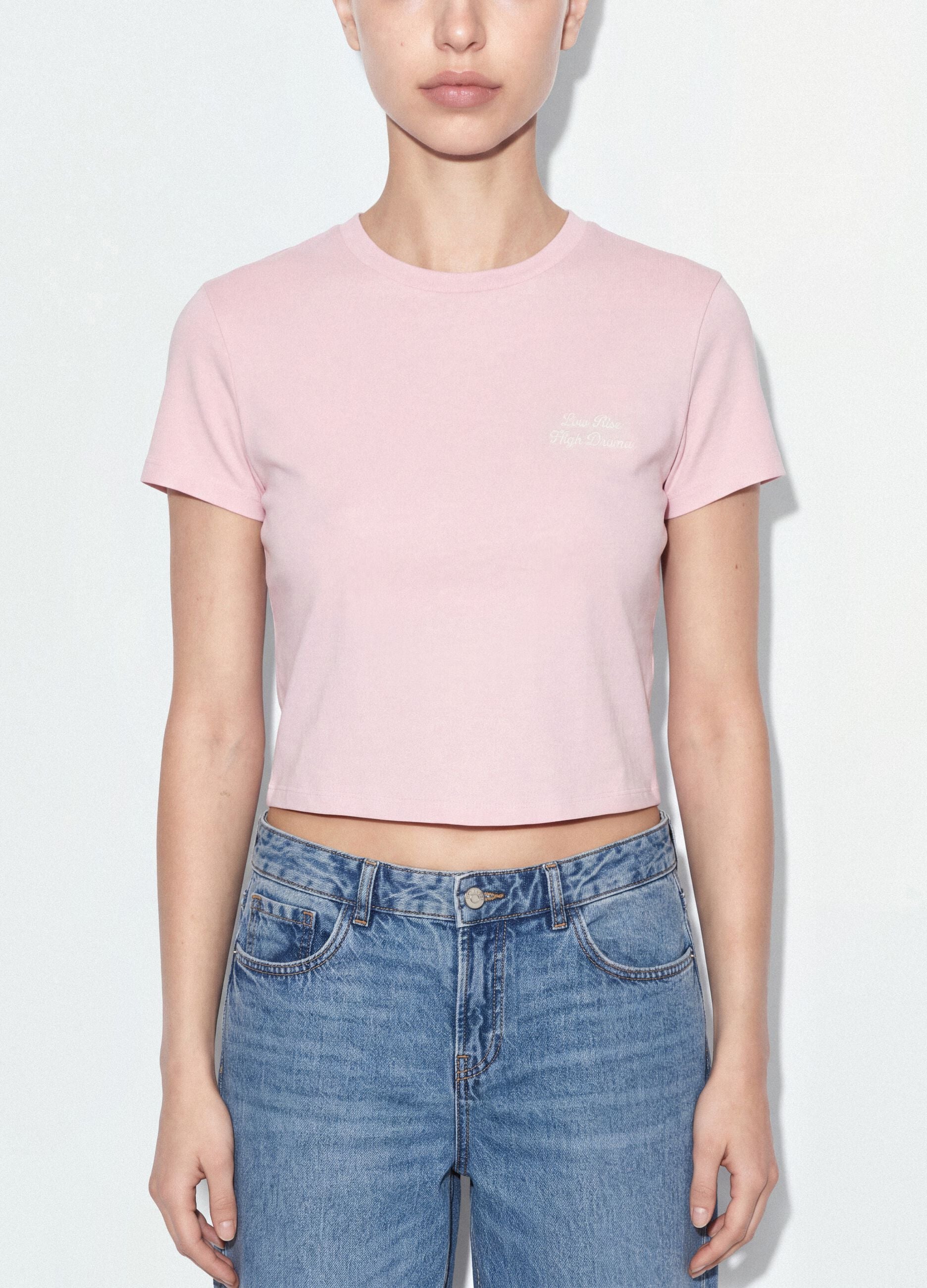 Pink cropped pure cotton T-shirt with graphic print, regular fit