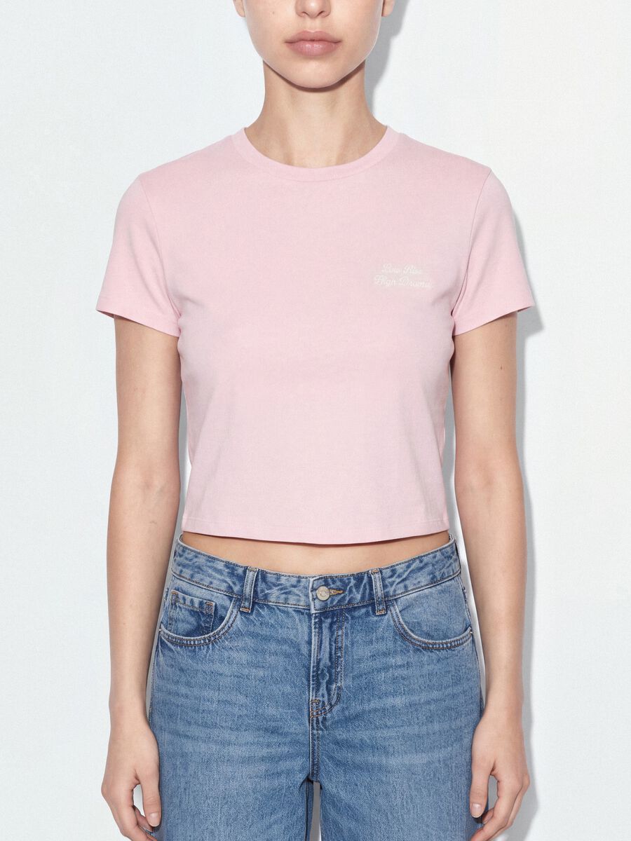 Pink cropped pure cotton T-shirt with graphic print, regular fit_3