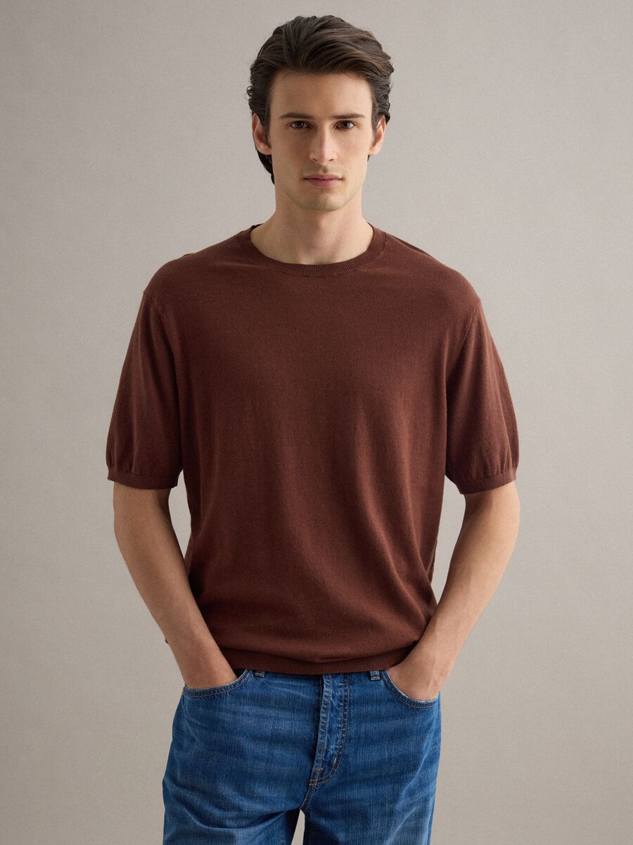 Short-sleeve brown regular fit t-shirt in cotton, linen and silk blend_1