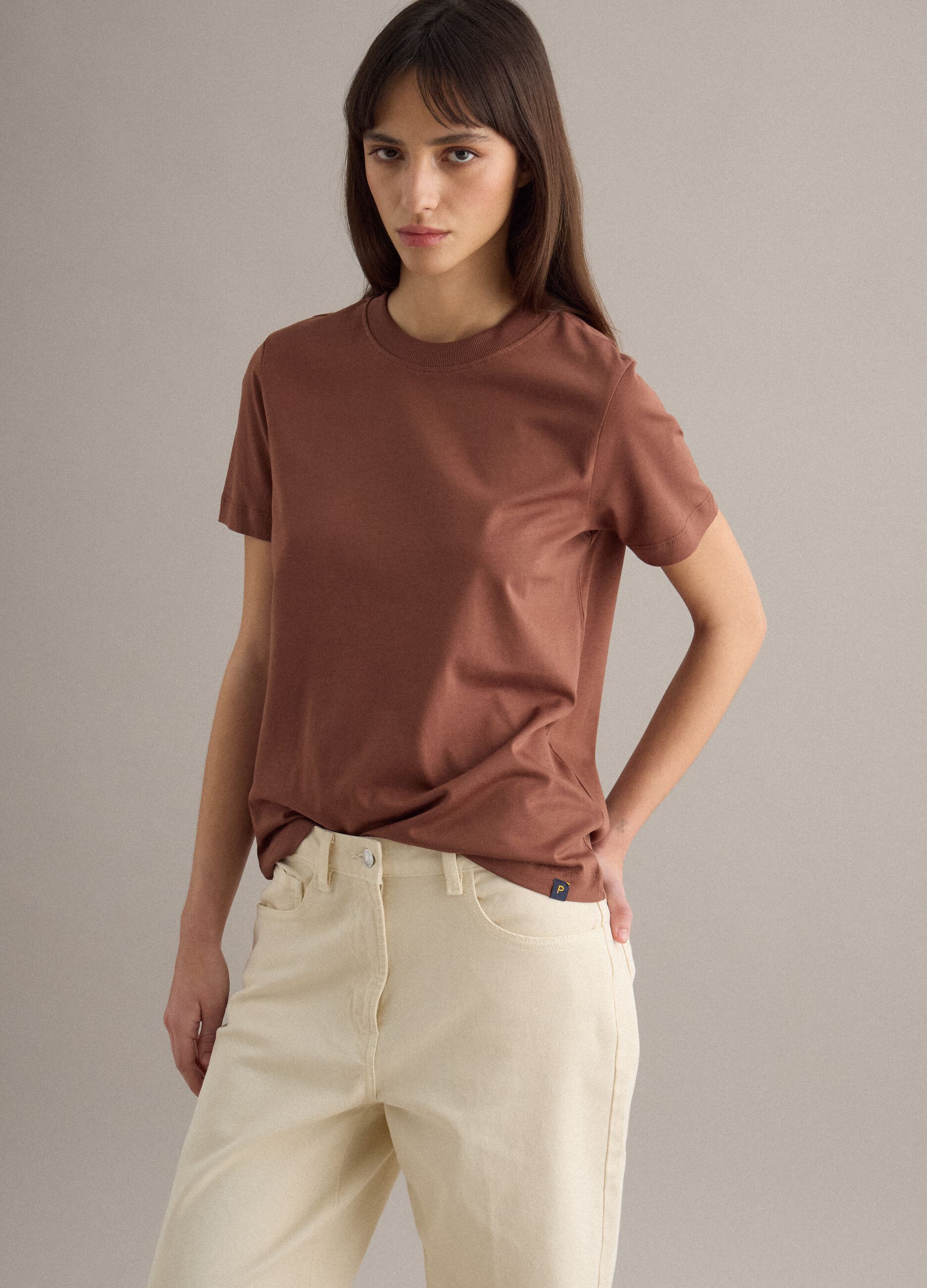 Brown crew neck pure cotton regular fit T-shirt