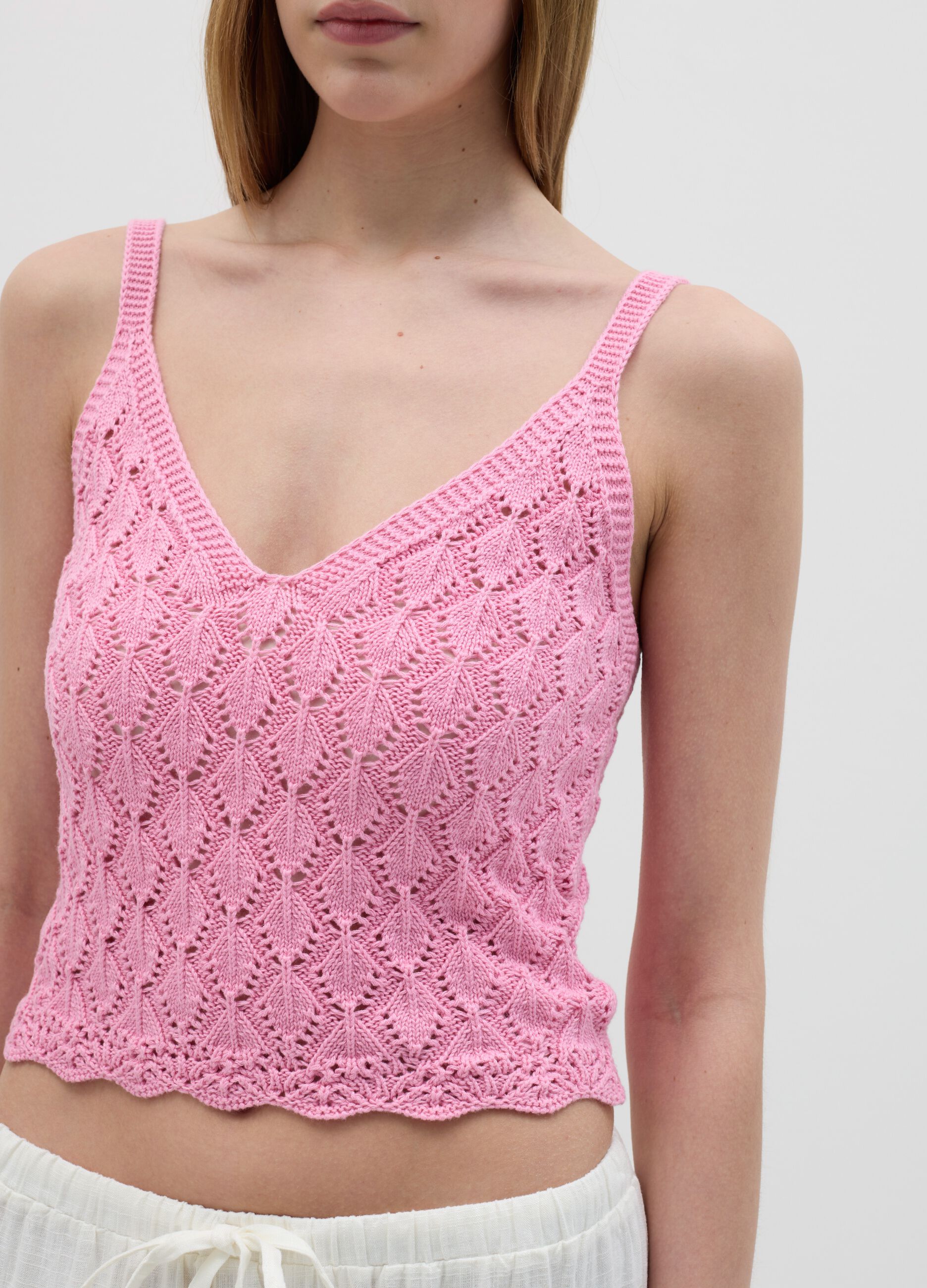 Top corto da donna in puro cotone rosa regular fit con maglia traforata
