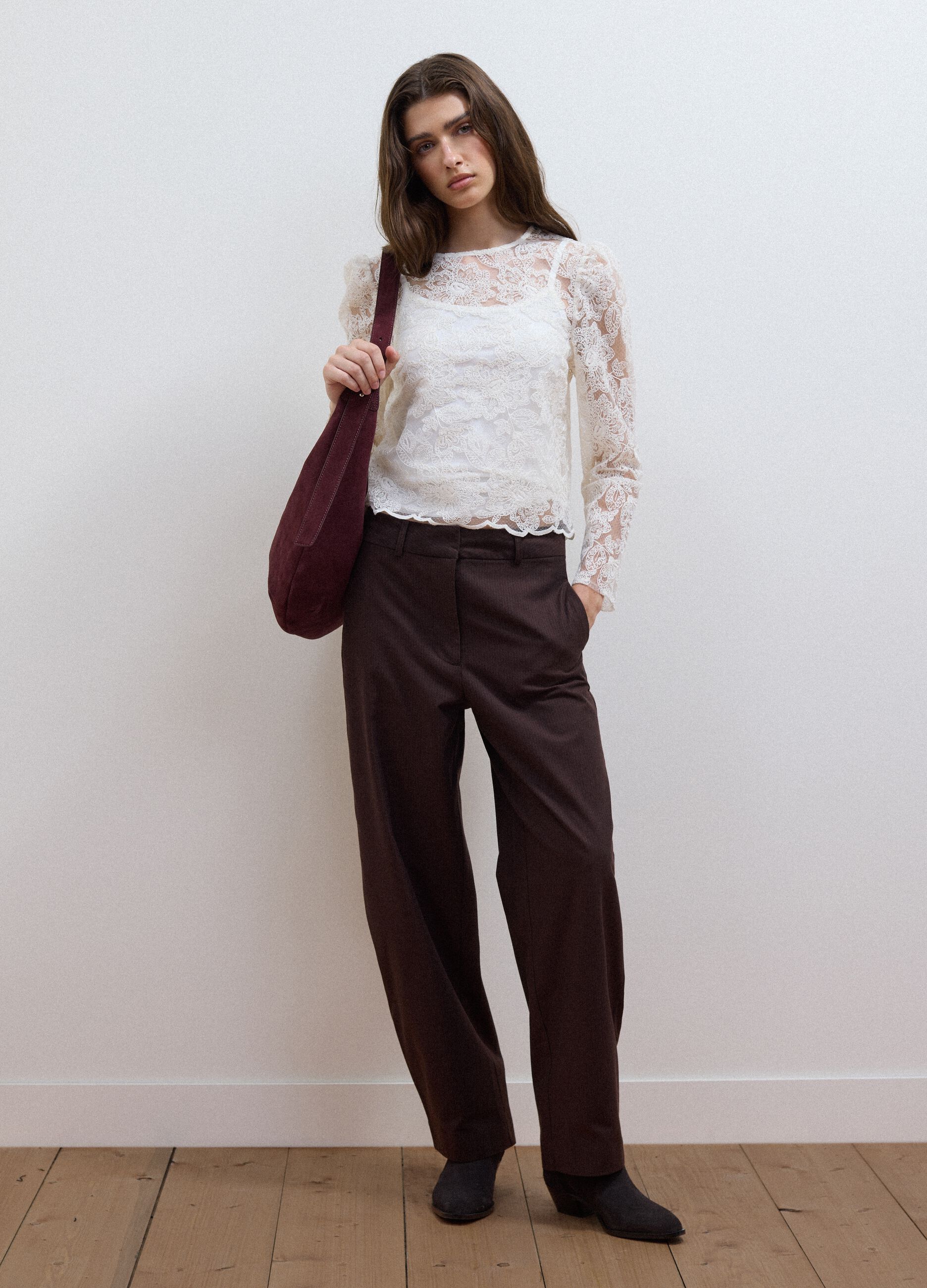 Brown pure cotton barrel-fit trousers