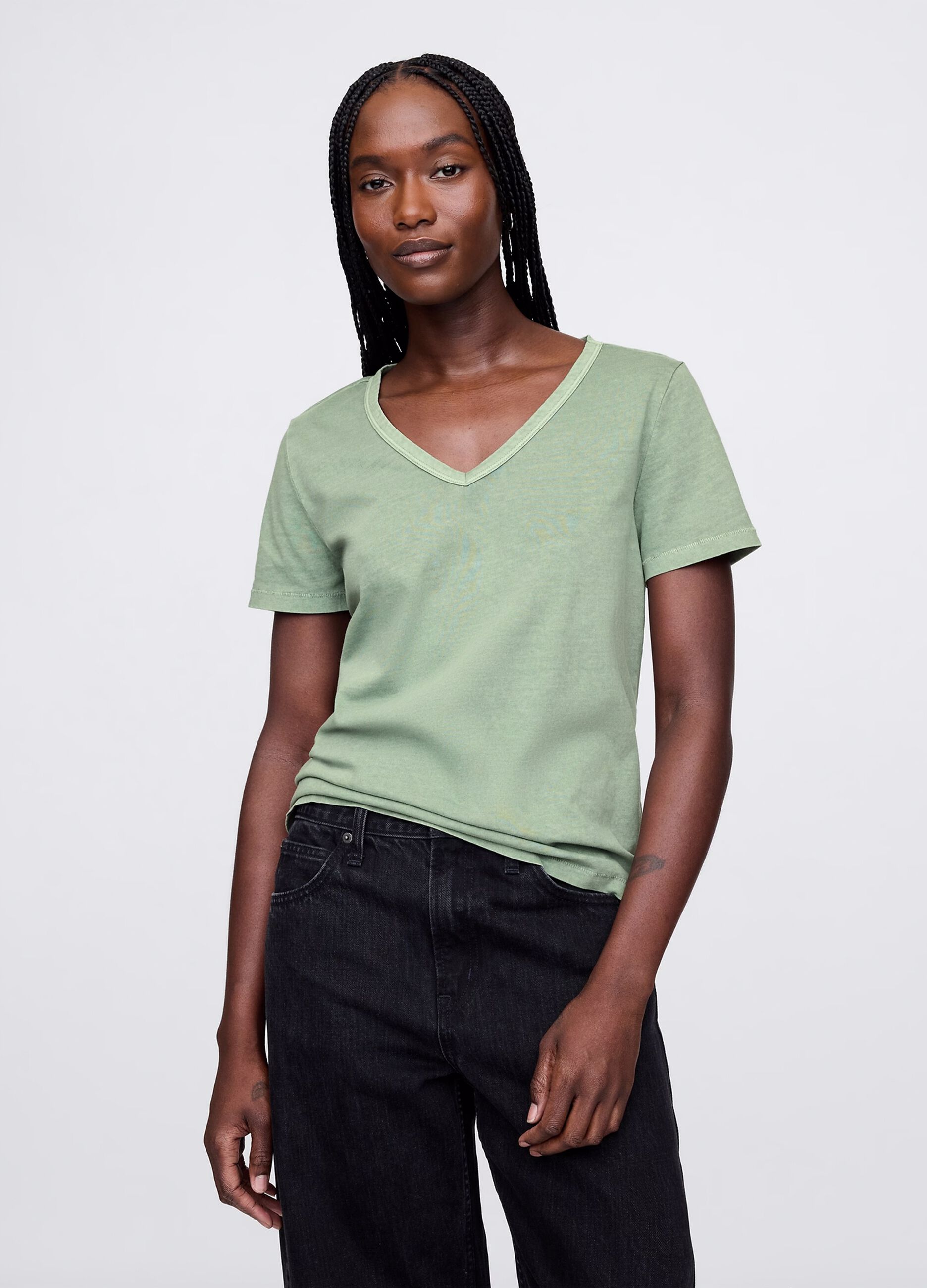 Green V-neck T-shirt in cotton