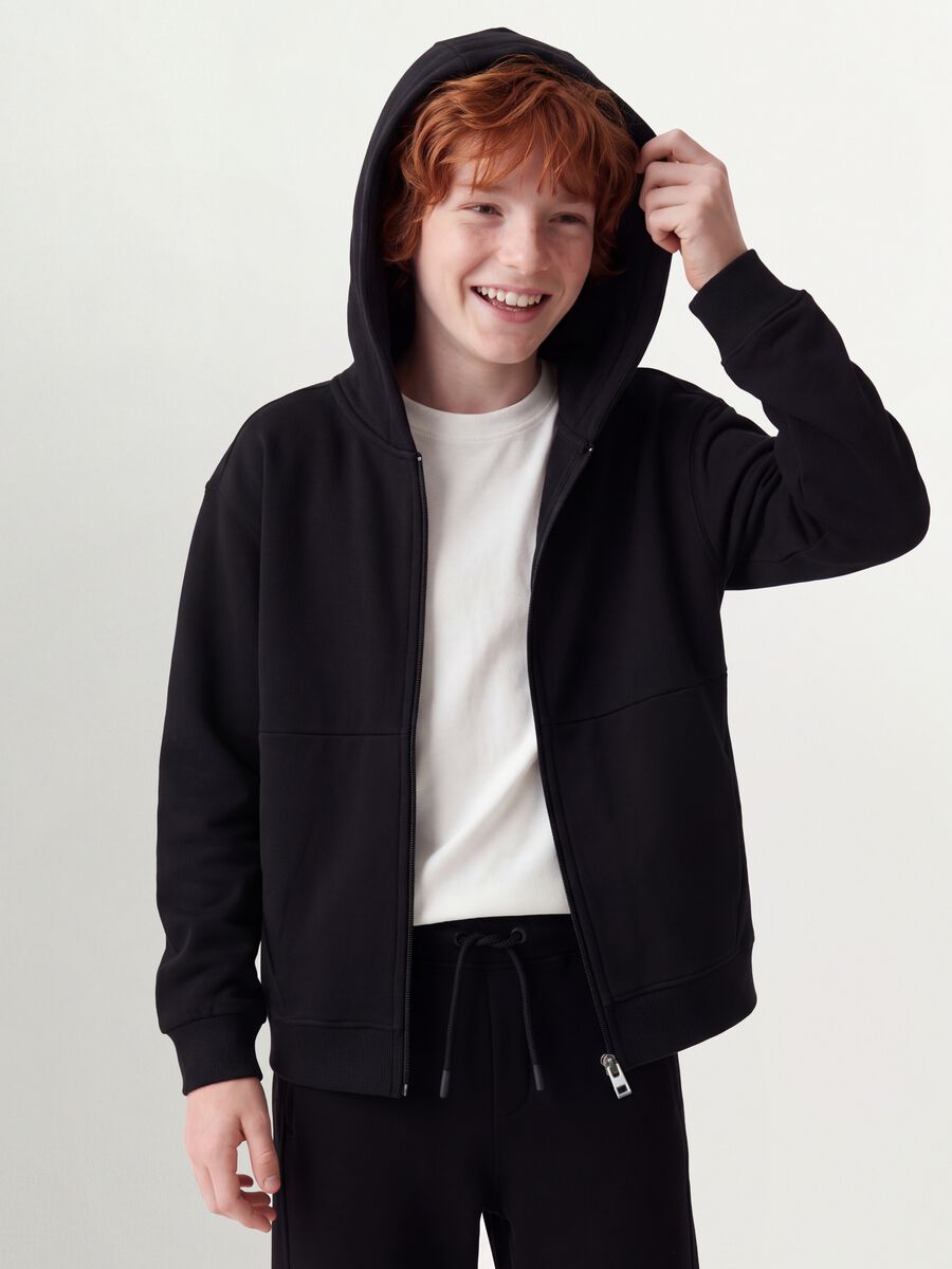 Black organic cotton fleece hoodie with zip, relaxed fit_0