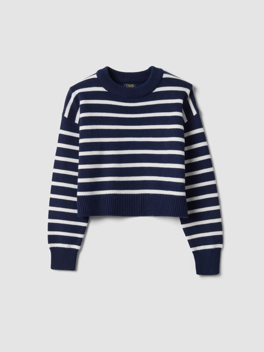 Maglia blu in misto viscosa a righe con girocollo_0