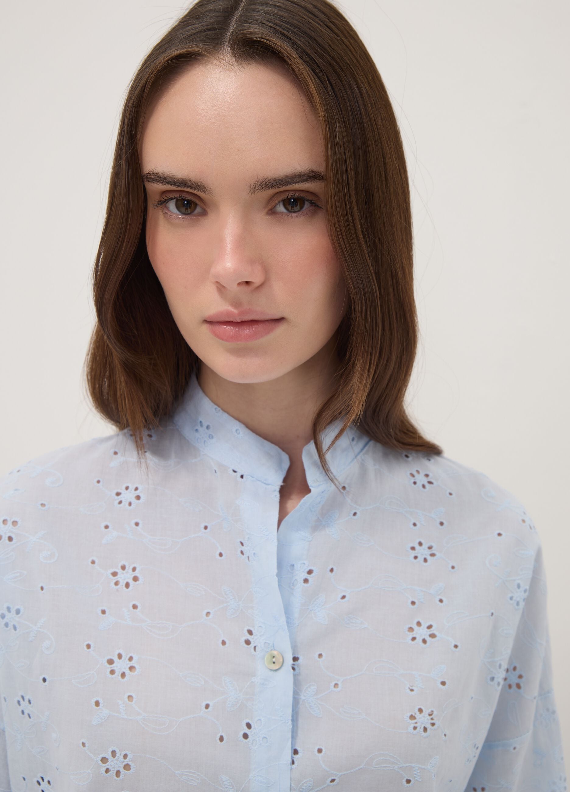 Light Blue Broderie Cotton Shirt with Mandarin Collar, Regular Fit