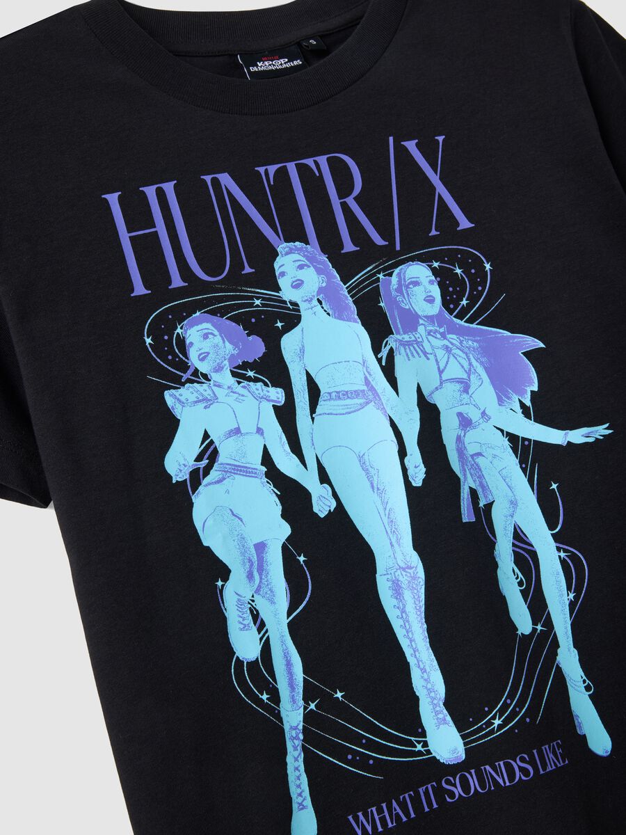 Black pure cotton T-shirt with K-Pop Demon Hunters print, oversized fit_1