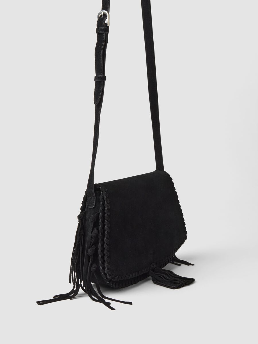 Black genuine leather fringed bag_2
